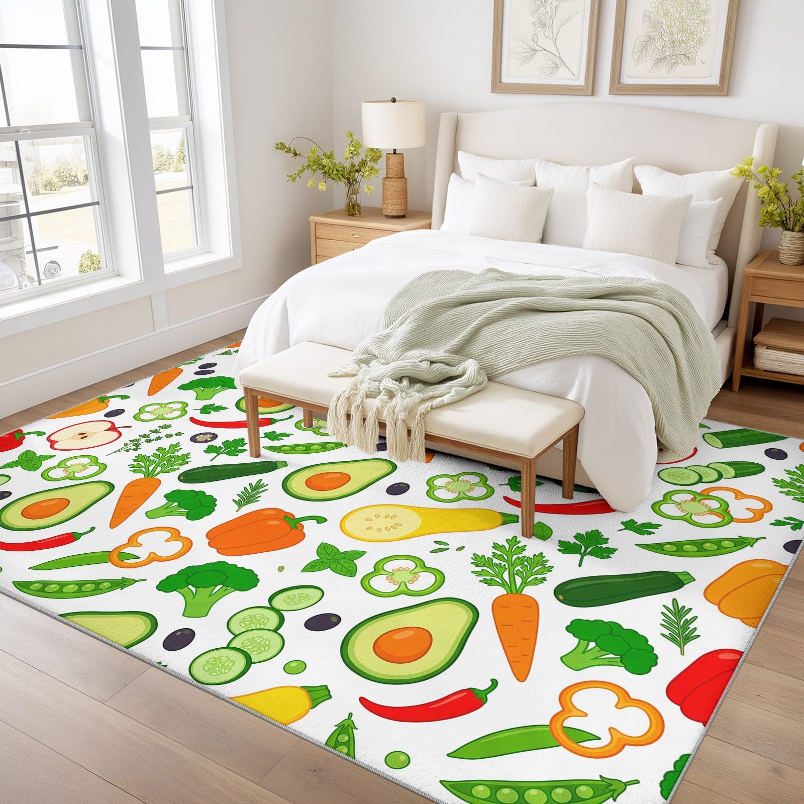 Alfombras lavables para sala de estar, 150 x 210 cm, alfombras esponjosas para dormitorio, antideslizantes, de pelo bajo, suaves, frescas, naturales, frutas, verduras, con patrón colorido, alfombras