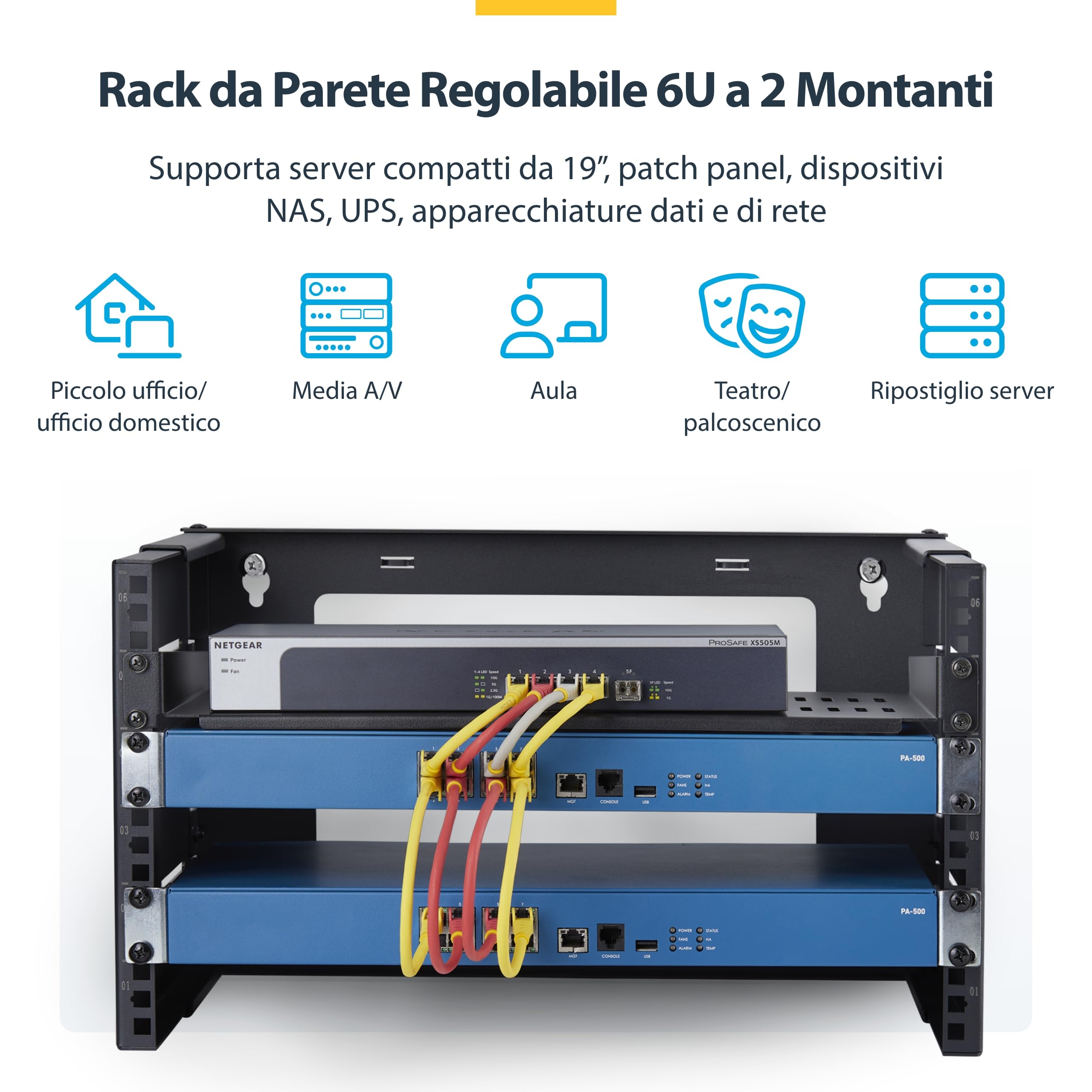 StarTech.com Staffa Rack 19" 6U a Parete, Rack a Telaio Aperto con 2 Montanti e Profondità Regolabile fino a 40cm, Max 40kg