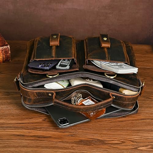 Miniatura 7 de Bolsa de lona resistente al agua + cuero para negocios, maletín de 14 pulgadas, para laptop, oficina, cartera, para hombres FBB207