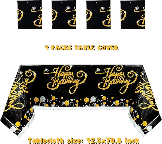MALLMALL6 4Pcs Birthday Table Cover Set Happy Birthday Theme Bling Black and Golden Waterproof Tablecloth Party Supplies Large Plastic Rectangular Design Kitchen Picnic Decoration for kid Adult