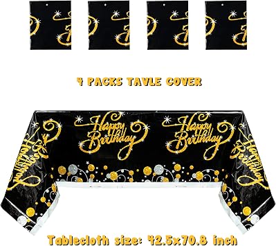 MALLMALL6 4Pcs Birthday Table Cover Set Happy Birthday Theme Bling Black and Golden Waterproof Tablecloth Party Supplies Large Plastic Rectangular Design Kitchen Picnic Decoration for kid Adult