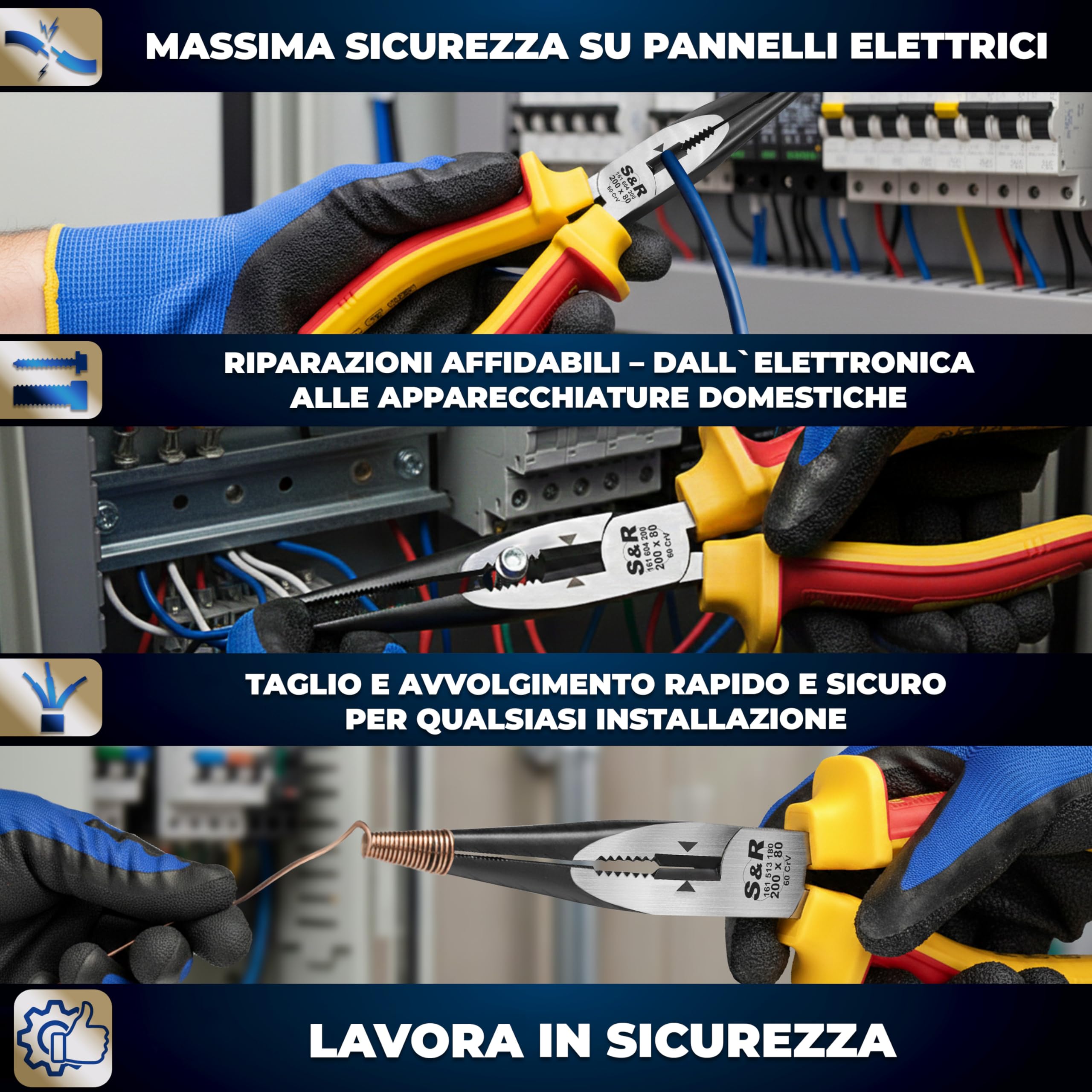 S&R Pinze a becco lungo certificate VDE. Pinza elettricista in acciaio al cromo-vanadio fosfatato.