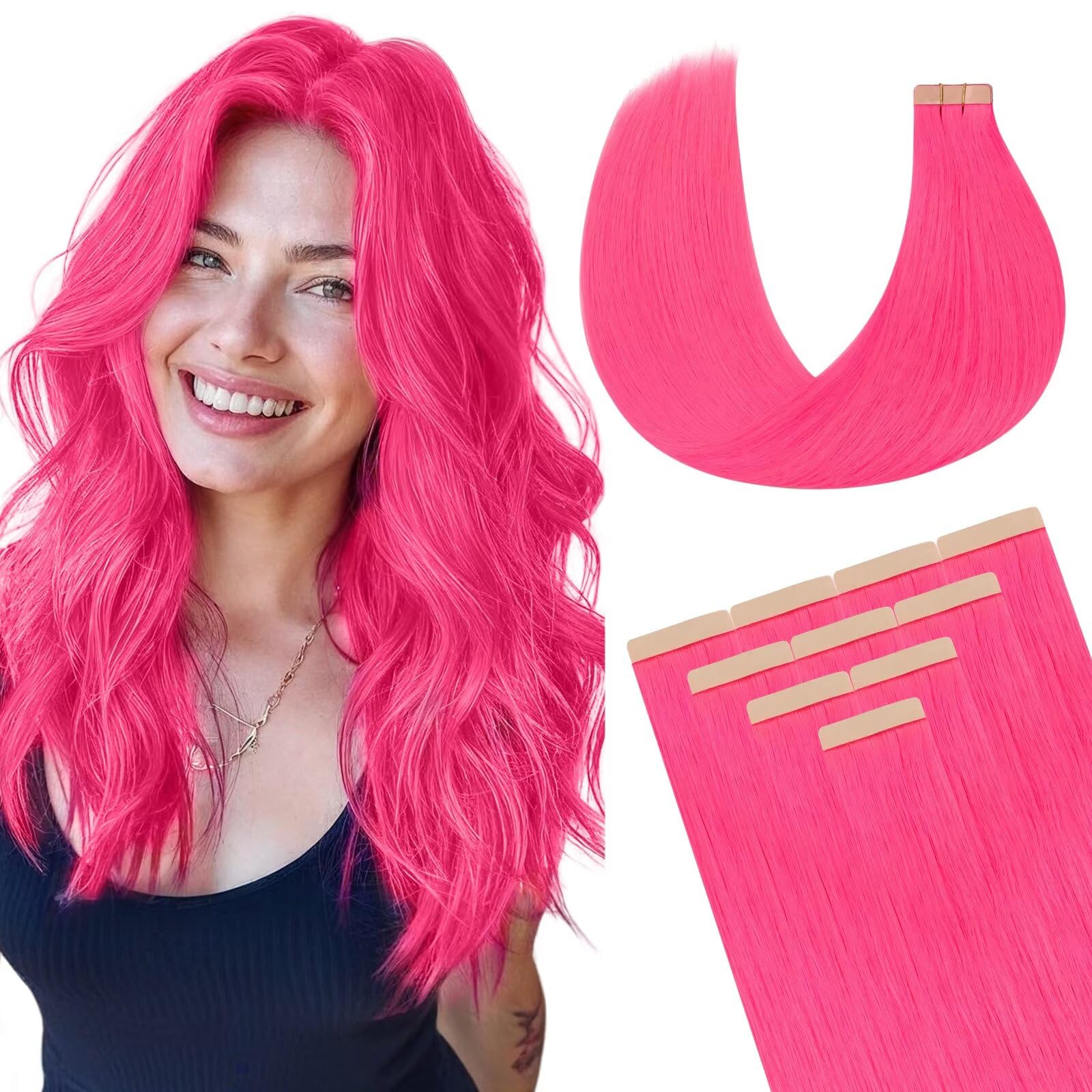 DOORES Tape in Hair Extensions Human Hair, Hot Pink, 16 inches 10pcs 25g, HIGHLIGHT or SUPPLEMENT
