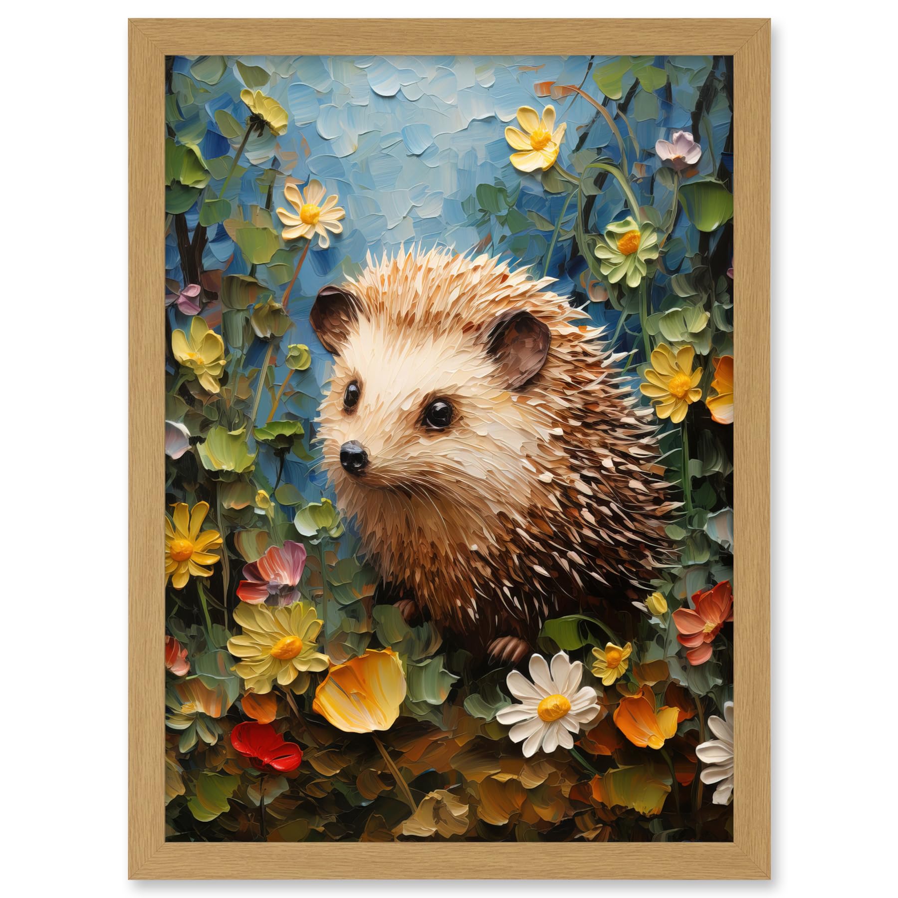 Artery8 Hedgehog Wildflower Meadow Thick Paint Oil Painting Kids Bedroom Cute Woodland Creature Artwork Framed A3 Wall Art Print