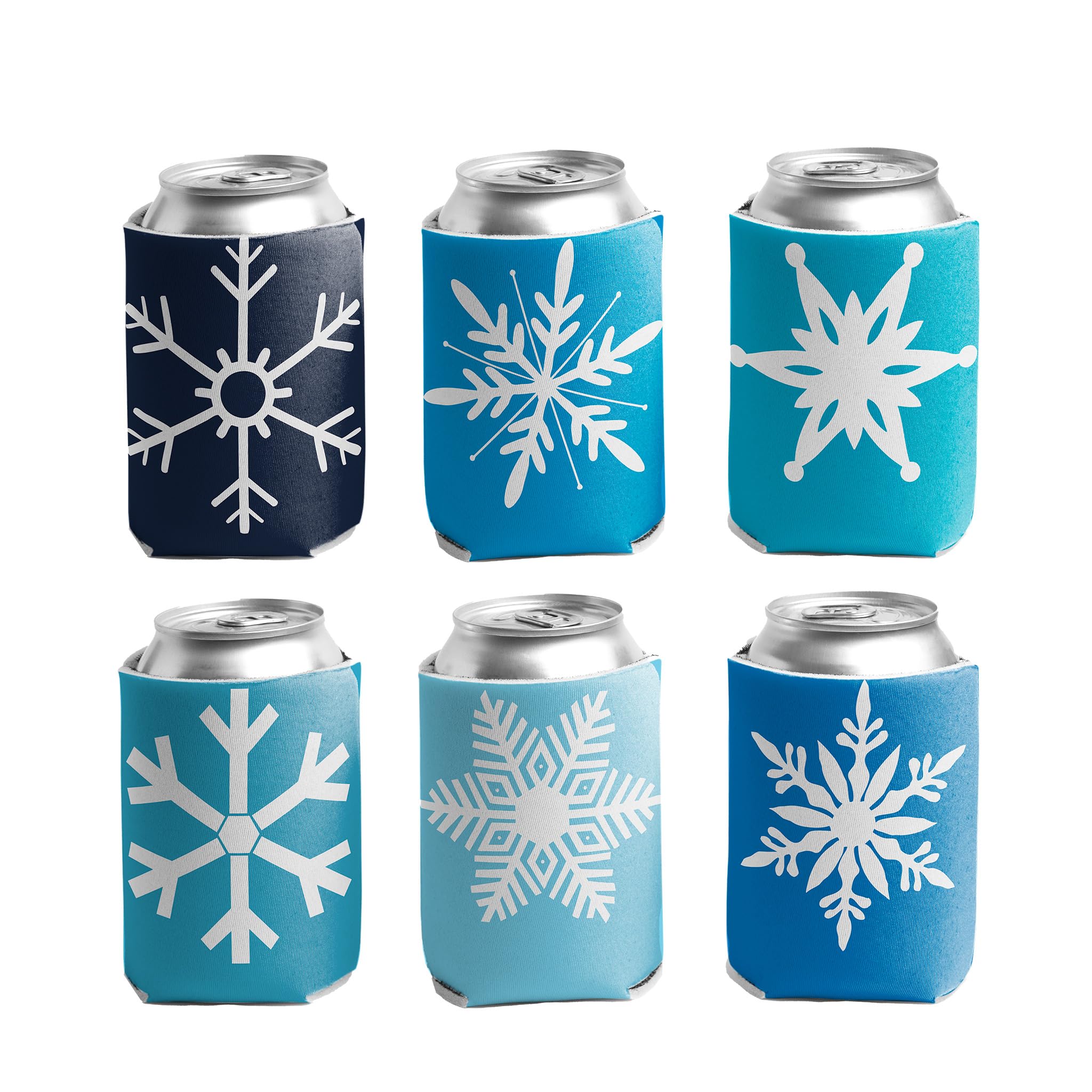 VictoryStore Winter Can Coolers – Set of 6 Snowflake-Themed Drink Sleeves – Reusable Foldable Beverage Coolers for 12-16 oz Cans & Bottles – Holiday