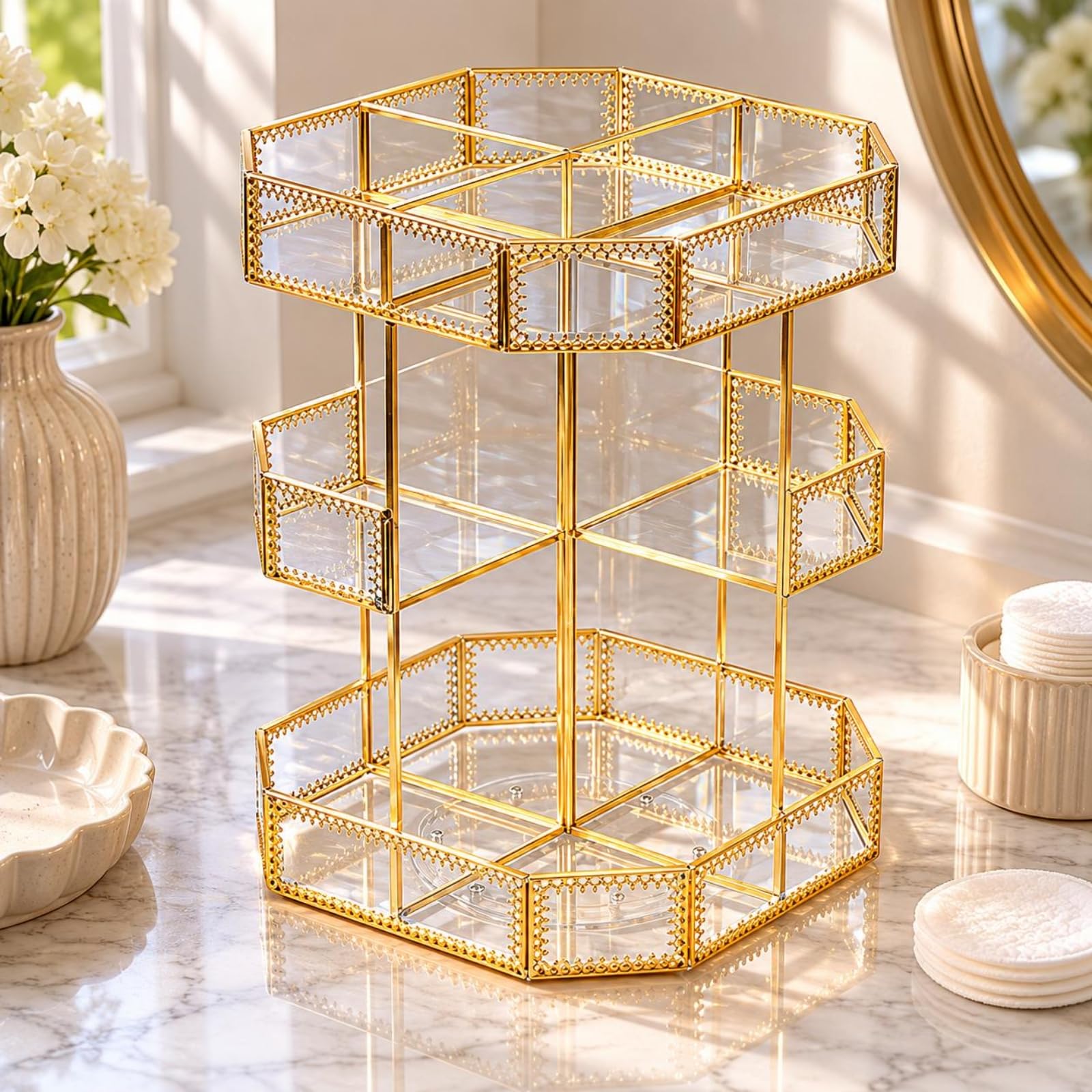 Gralara Organizador Octogonal Cosméticos Perforado Caja Giratoria Transparente Multiusos Soporte Giratorio 360 Grados
