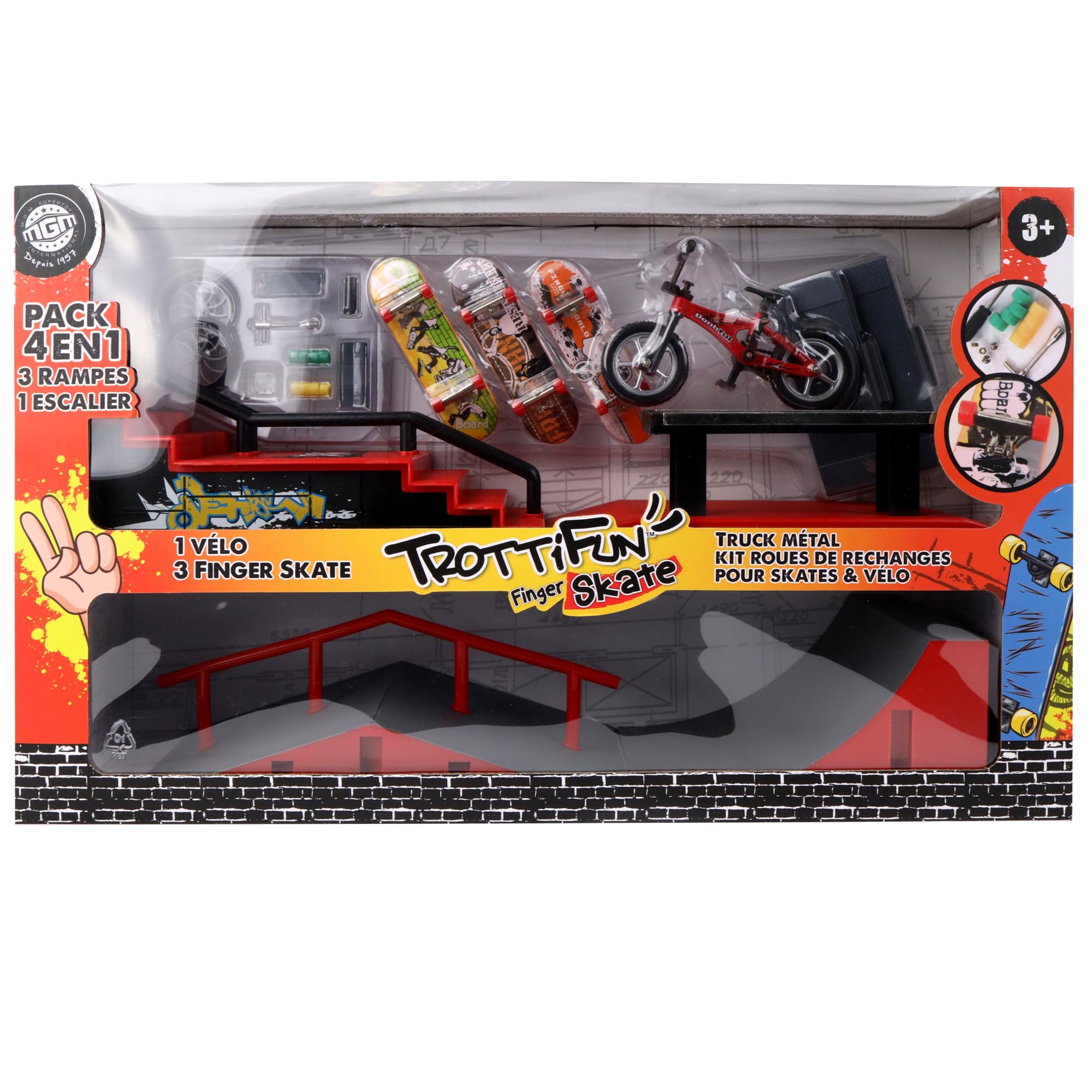 Set 3 Finger Skates, 4 Rampes et 1 Vélo - 031439 - Métal et Plastique - Skateboard - Doigt - Jouet Enfant - Anniversaire - Cadeau - Planche à Roulette - À Partir de 3 Ans