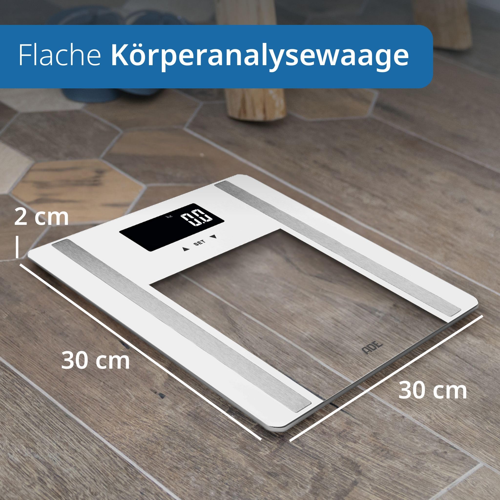 ADE Digitale Körperfettwaage Ines bis 200 kg | Testsieger 2024 | Personenwaage mit Körperfettanalyse, BMI, Muskelmasse, Körperwasser, Gewicht, BMR | Körperwaage mit Benutzererkennung | weiß
