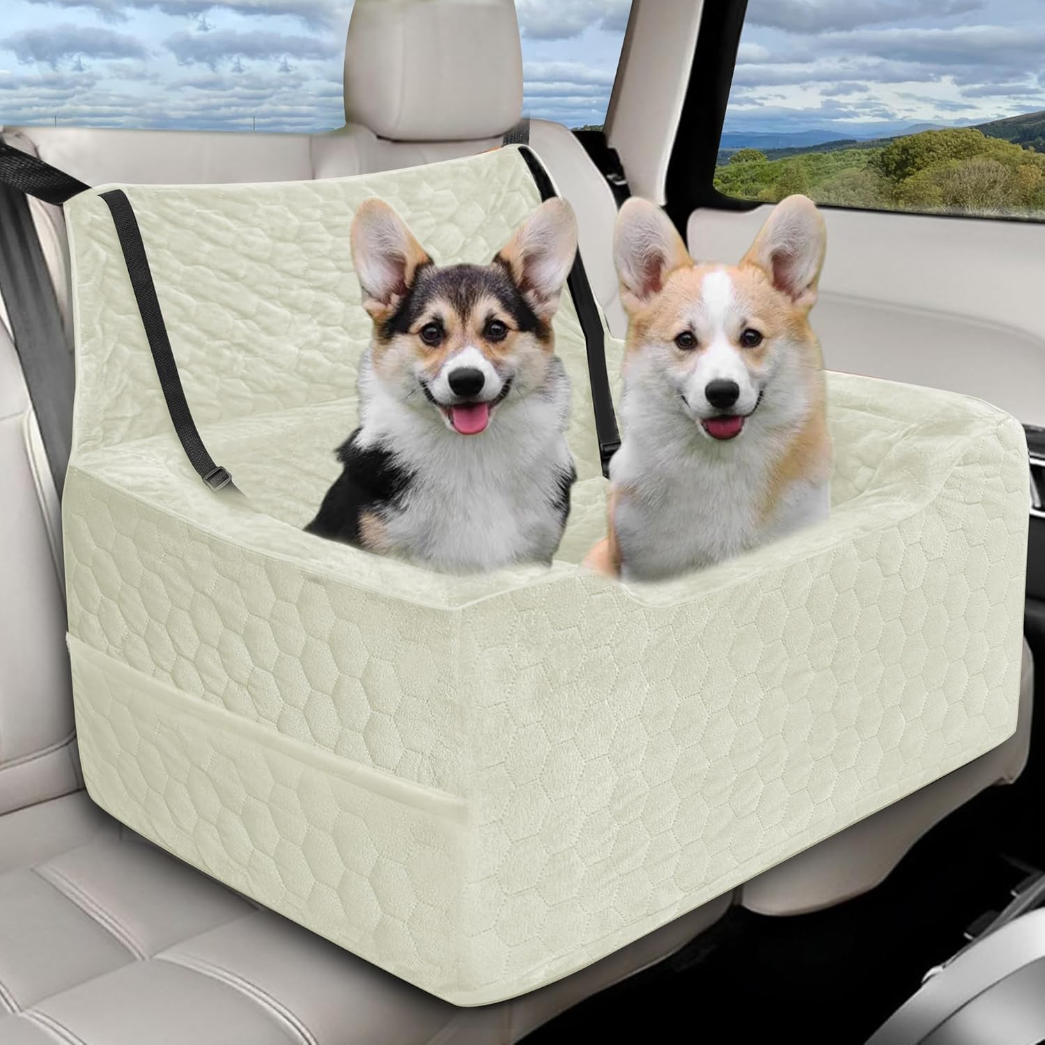 Dog Car Seat for Medium/Large Dogs, Washable Dog Booster Seat Under 60 lbs or 2 Small Dogs, Multi-Functional Pet Car Seat with Thick Cushion, 2 Safety Leashes (Black)
