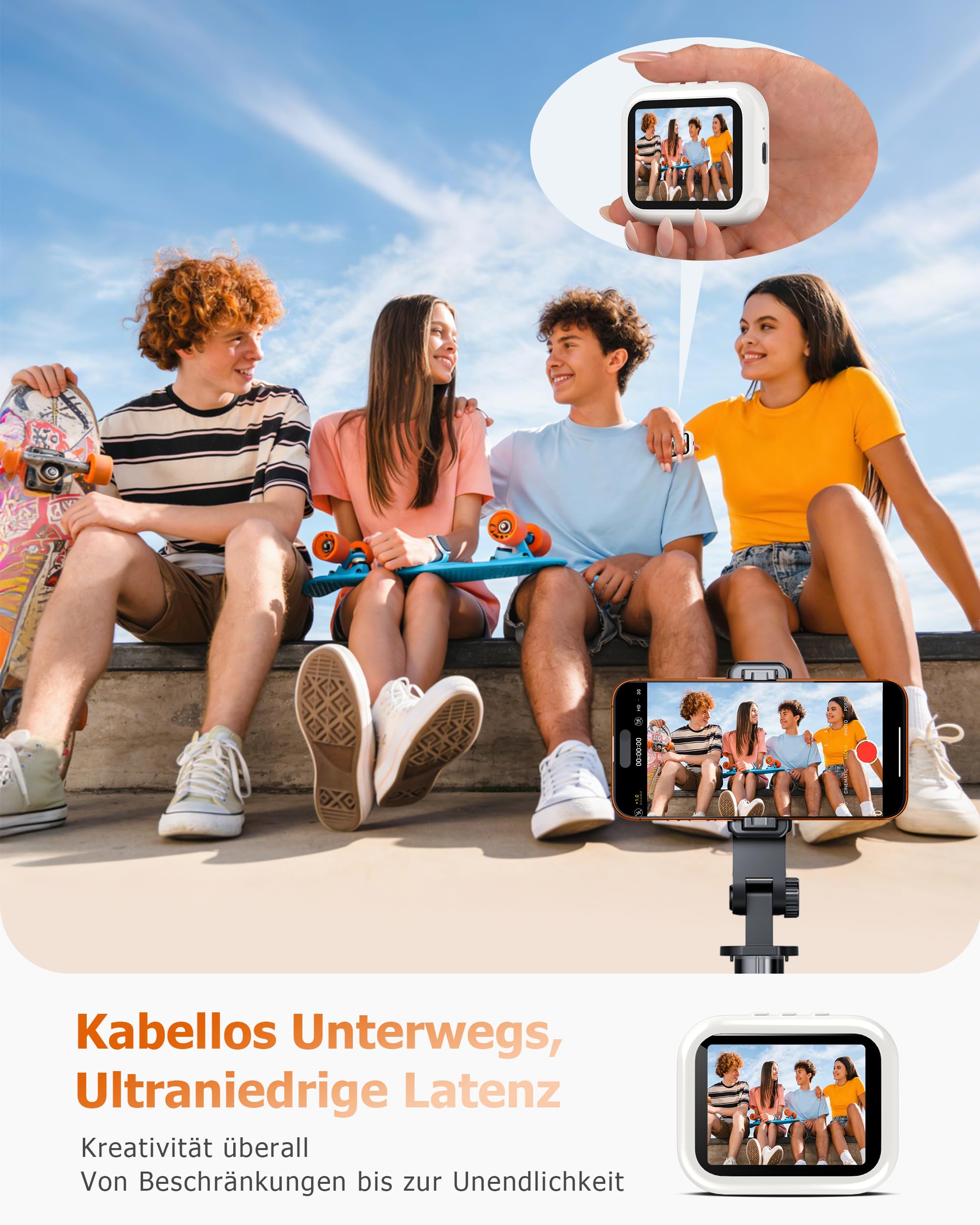 Handy Selfie Monitor für i-Phone/Android, Kabellos Magnetischer Vlog Selfie Monitor Bildschirm, Wireless Tragbar Smartphone Rückkamera Screen für Tik-Tok, Li-ve, YouTube, 2 Std. Akku, Weiß