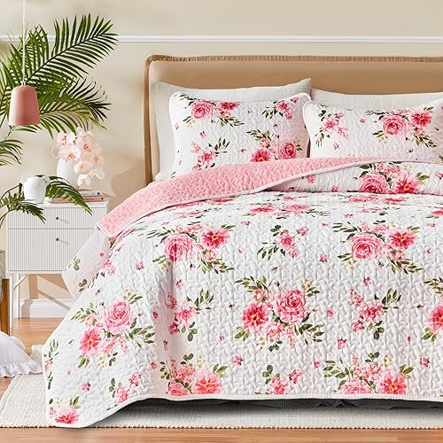 UOZZI BEDDING Juego de edredón floral de 3 piezas, tamaño Queen, color blanco y rosa, de microfibra suave, ligero, reversible, para todas las