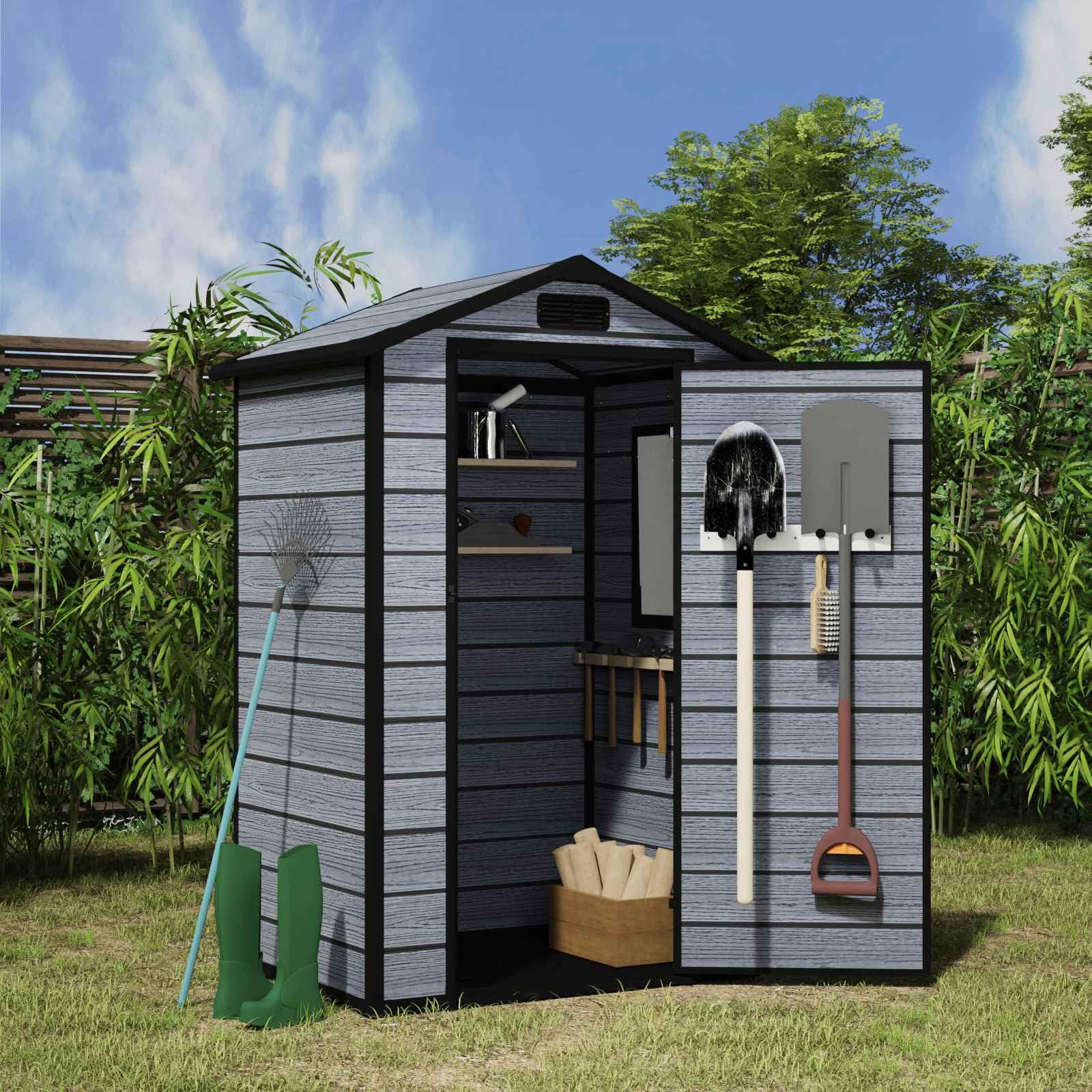 BIRCHTREE 4X3FT Plastic Garden Shed with Floor Apex Roof Wood Grain Effect Fade Free All Weather Resistant Lockable Door Outdoor Storage Box Air Vent&Window Garden Tool Shed Low Maintenance Grey