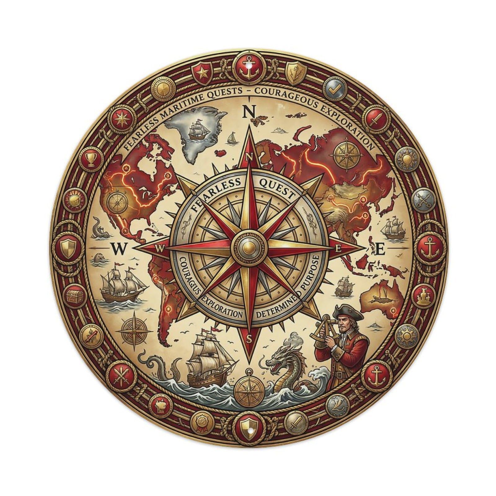 Vintage Nautical Compass World Map Fearless Quest Metal Tin Sign