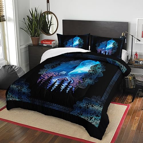 Miniatura 2 de AILONEN Juego de edredón de lobo, tamaño Queen, juego de edredón bohemio de lobo aullando de lobo, juego de ropa de cama para niños y niñas de 3