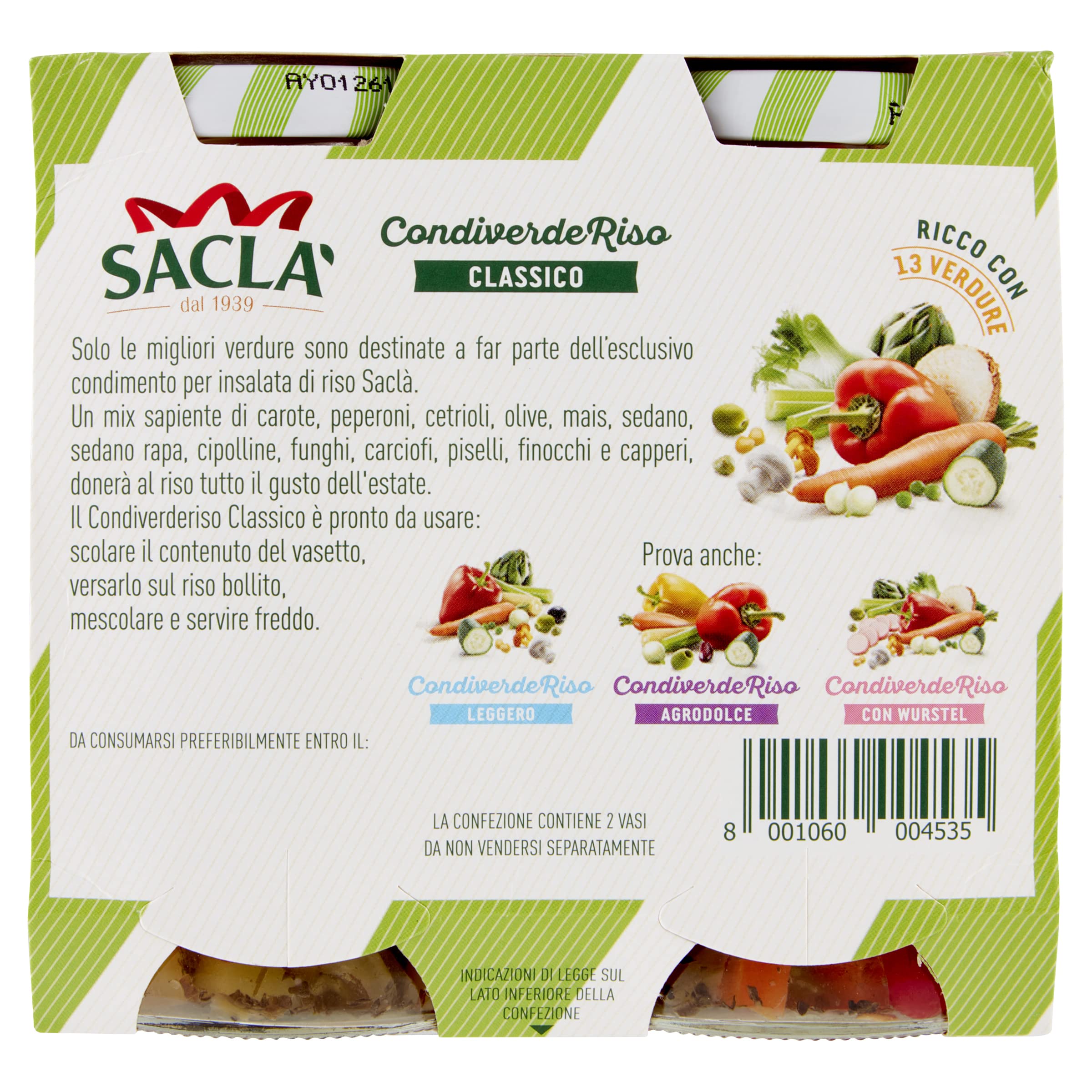 Saclà, Condiverde Riso Classico Duo, Condimento di Mix di Verdure per Insalata di Riso e altri Cereali, Vaso Vetro, 2x290g, Confezione da 6 pezzi