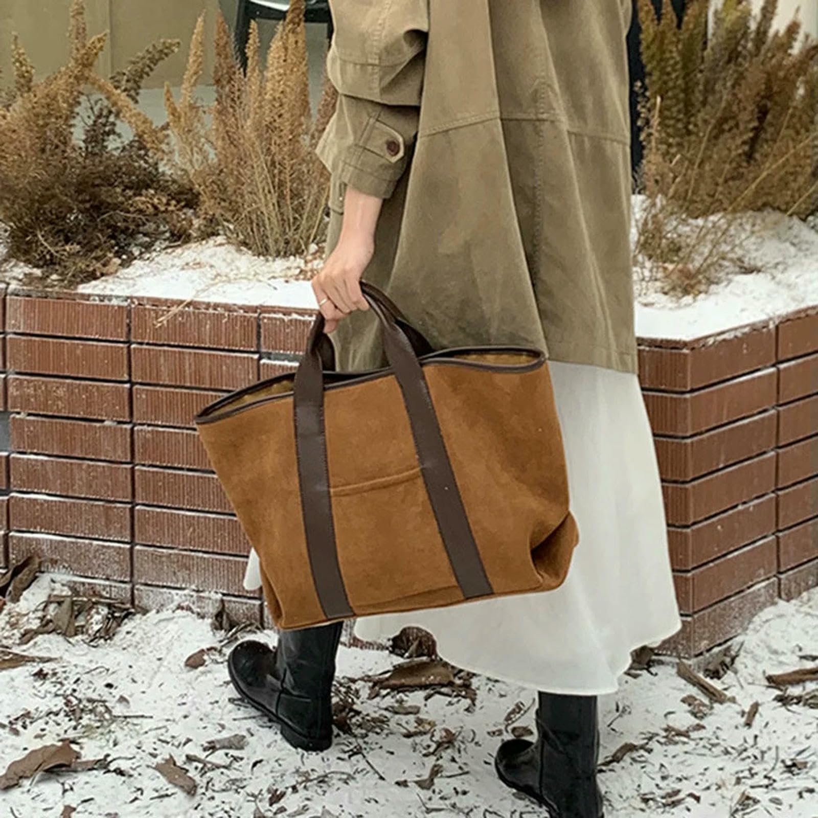 CHENSHI Borsa a Mano Donna in Pelle Scamosciata per Sacca da Lavoro Top Vintage di Grande capacità-Marrone