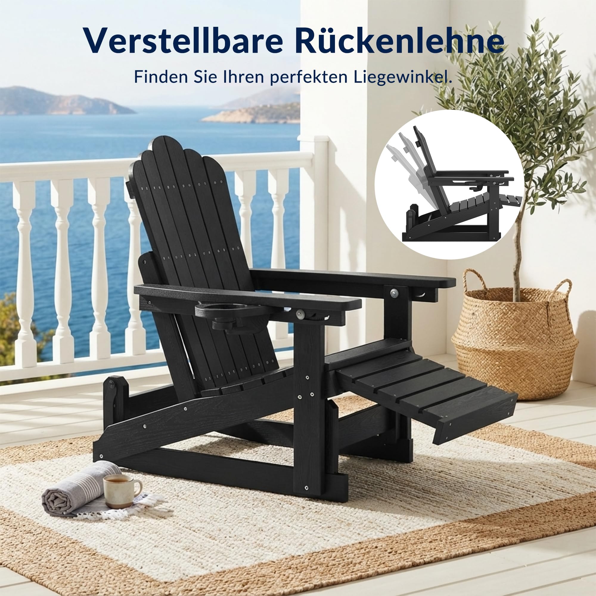 Adirondack Stuhl mit Fußstütze, HDPE Adirondack Chair Gartensessel mit Getränkehalter und Gleitfunktion, verstellbare Rückenlehne, wetterfest und pflegeleicht für Garten, Terrasse und Balkon