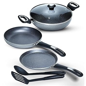 Impex Migo Nonstick Granite 6 Pcs Induction Bottom Cookware Set 3 mm Thick, Festival Gift Set MFKT 6, 5-Layer Super Granite Non-Stick Coated Cookware Set, Hammer Tone Exterior Finish, 1 Year Warranty
