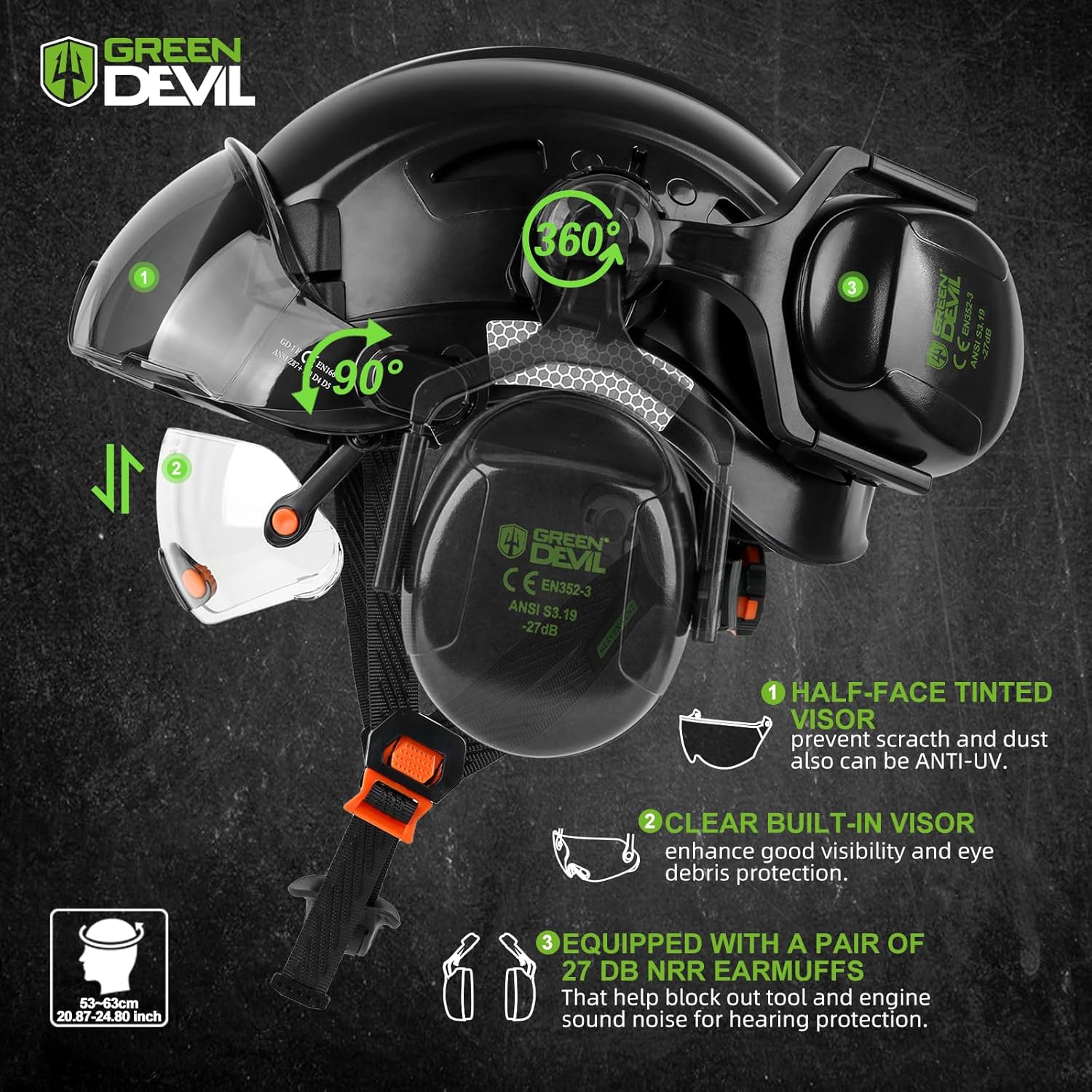 GREEN DEVIL Hard Hat Safety Helmet with Visor and Ear Muffs Men Women Vented Work Hardhat ANSI Z89.1 Cascos De Construccion for Industrial Construction Forestry - Image 2