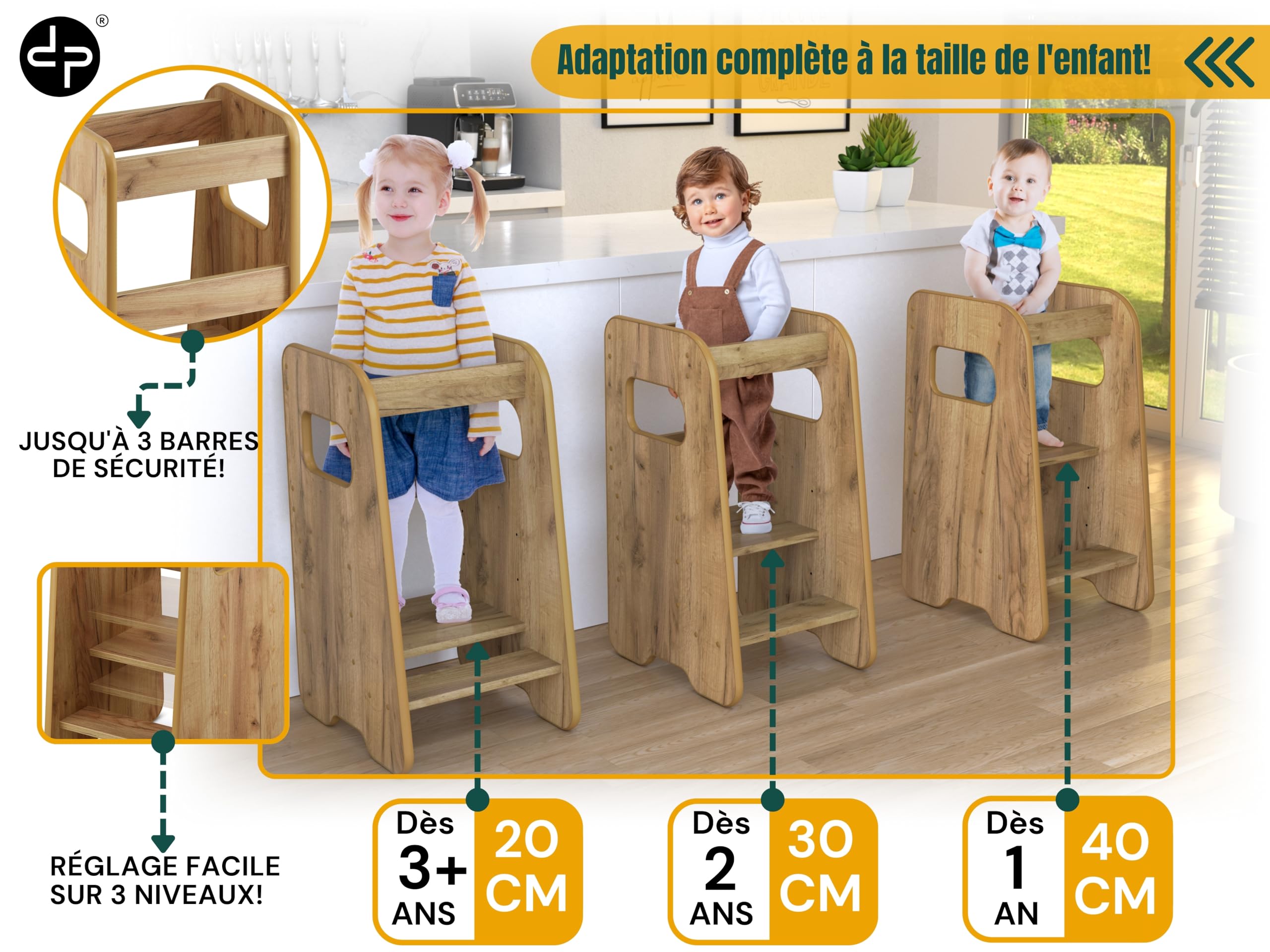 defiPad Tour d Observation Enfant Montessori - Stable & Sécurisée, Hauteur réglable sur 3 Niveaux - Tour d'apprentissage - Fabriqué en Europe - Learning Tower/Toddler Tower - Chêne