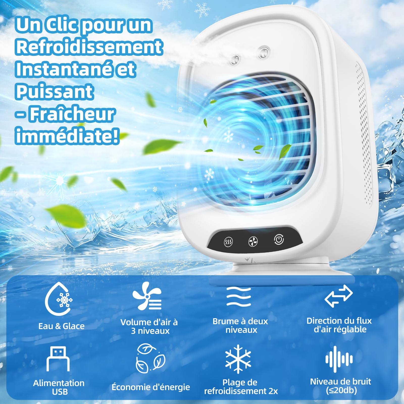 Climatiseur Mobile Portable, Mini Refroidisseur d'Air 4 en 1, Silencieux, 3 Vitesses, 300ML, USB, Ventilateur Brumisateur, Mini Clim pour Bureau, Chambre, Voiture, Camping(Blanc)