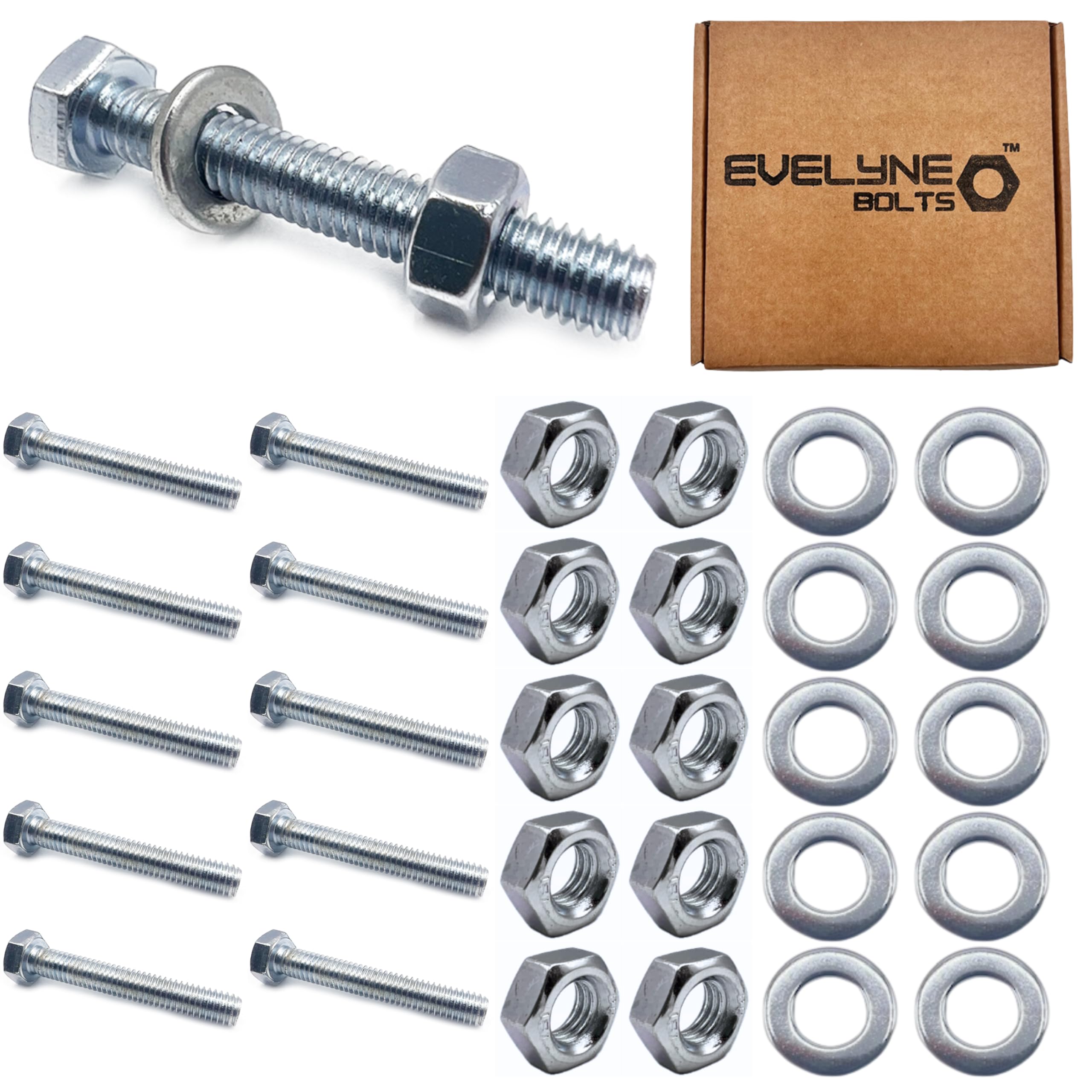M6 Nut, Bolt & Form A Washer Set - 10 Pack: M6x40 Bolts, Nuts & Form A Washers, Silver, M6x40 Bolts, M6 Nuts, M6 Form A Washers