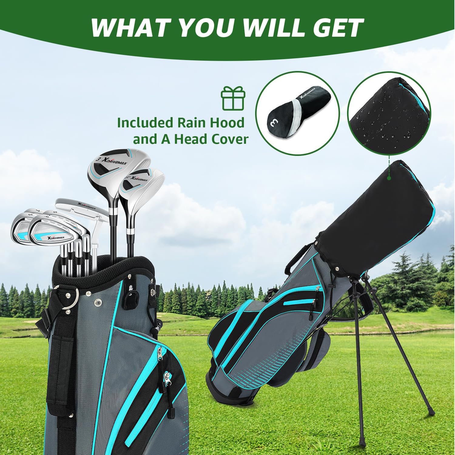 XDriveMax Komplettes Herren Damen Golfschläger Set,8 Teilige Golf Set Linkshänder/rechtshändig,Inklusive Stand Bag mit Regenhaube,3# Fairway Wood mit Head Covers, 5# Hybrid, 5#7#9#S# Eisen und Putter