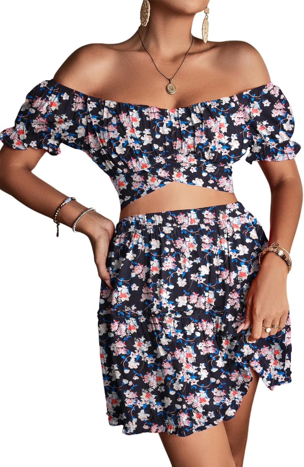 LYANER Women's 2 Piece Outfits Floral Off Shoulder Tie Up Crop Top and Mini Skirt Set - Image 5