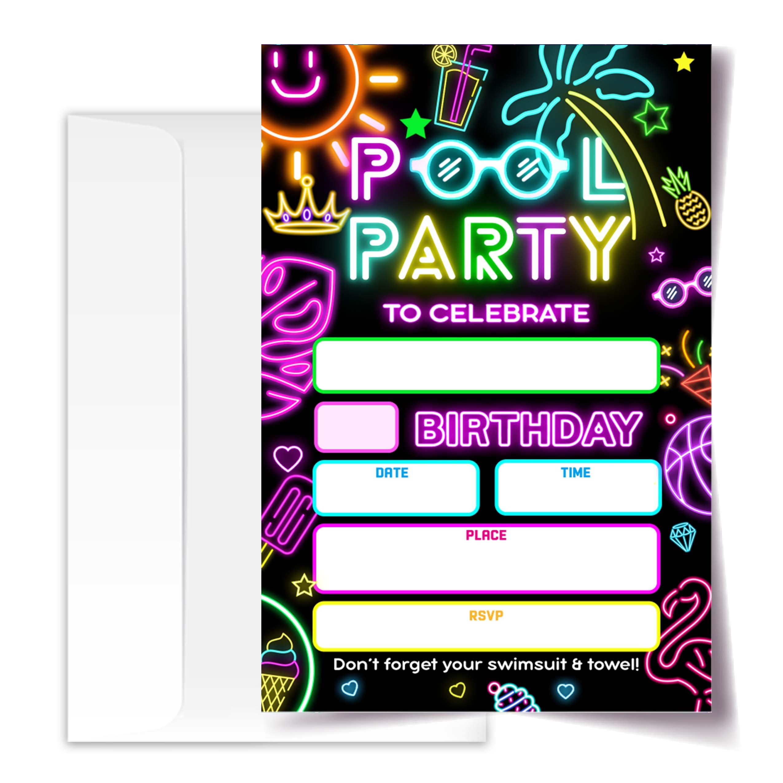 4x6 Pool Party Birthday Invitations, Birthday Invitations, Pool Party Supplies, Neon Glow Birthday Party Invitations, Kids Birthday Invitations, 20