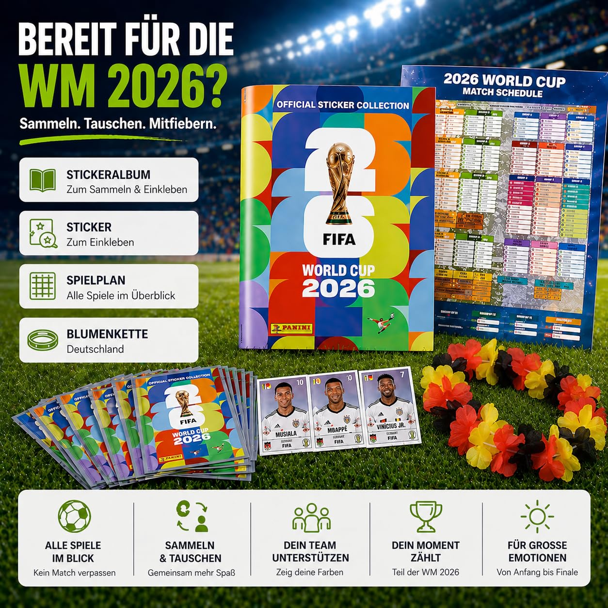 Set Panini Copa Mundial 2026 Álbum & Stickers – Tarjetas de Fútbol Coleccionables con Calendario de Partidos, Collar de Flores Alemania & Álbum Panini (10 Sobres / 70 Stickers) - 2