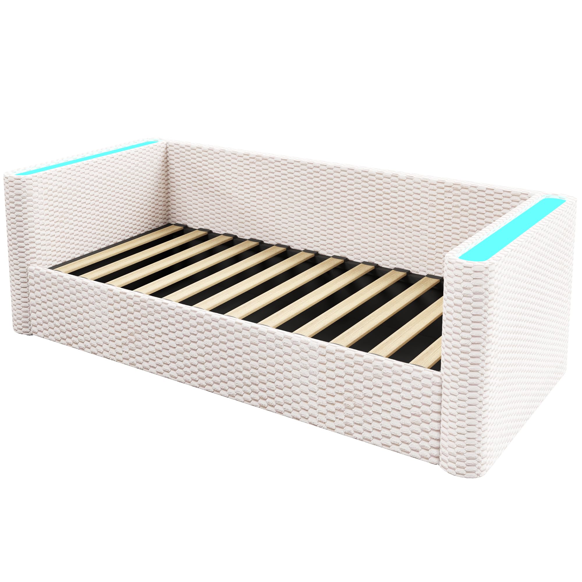 Divano letto 90 x 200 cm con illuminazione a LED, Letto Singolo Imbottito con Contenitore Idraulico, Rete a doghe, Tessuto in Velluto, Beige