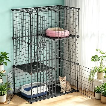 3-Tier Cat Cage, Indoor DIY Cat Enclosures, Cat Playpen Catio Detachable Metal Wire Kennels, Extra Large Hammock & Study Platforms for Kitten, Black 28.2"x14.0"x42.1"