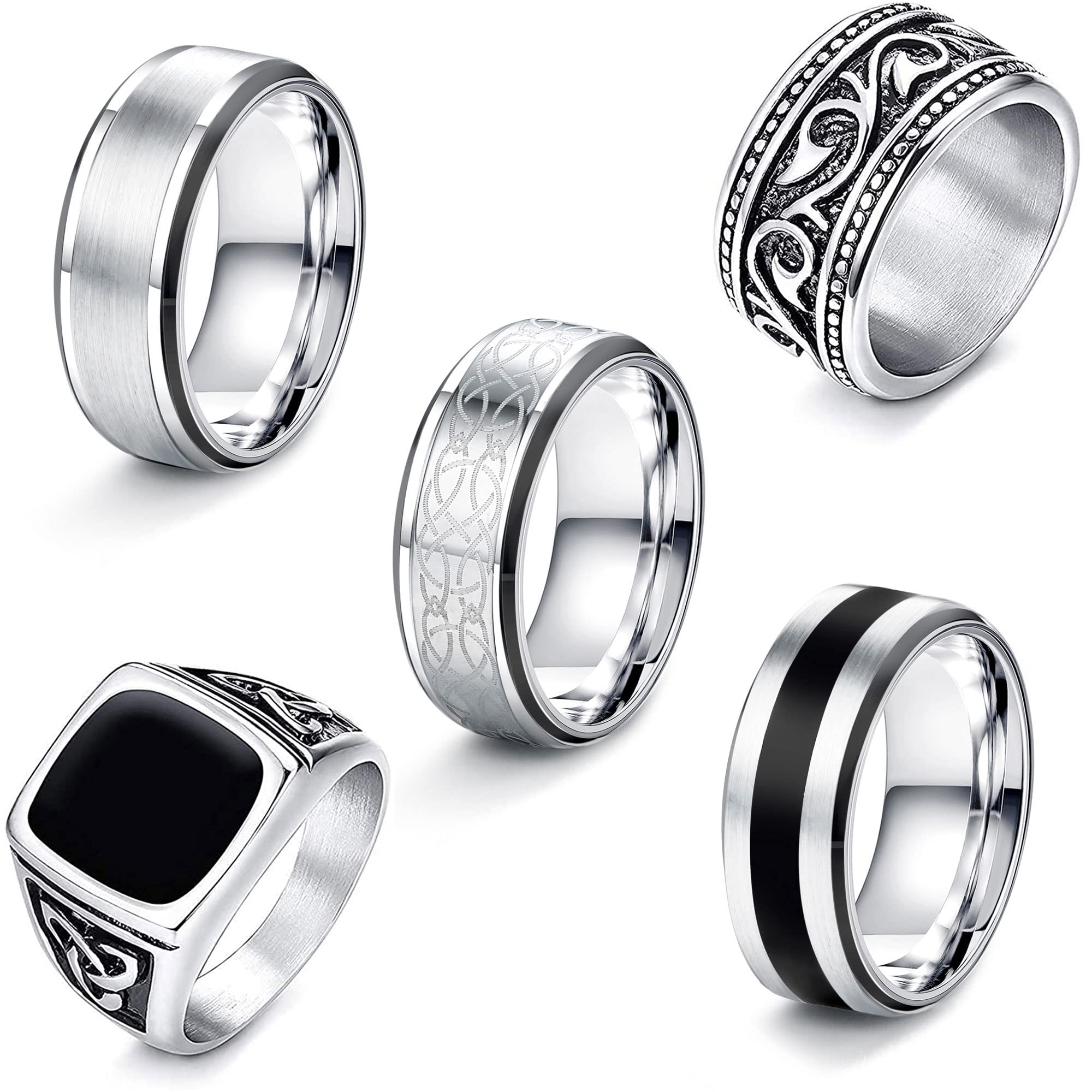 JeweBella 5PCS Anillo Hombre Acero Inoxidable Anillos Plata Mate Nudo Celta Anillos Vintage Conjunto Anillo Sello Negro Hombres Anillos Goticos para Hombres Mujeres Talla 14-30