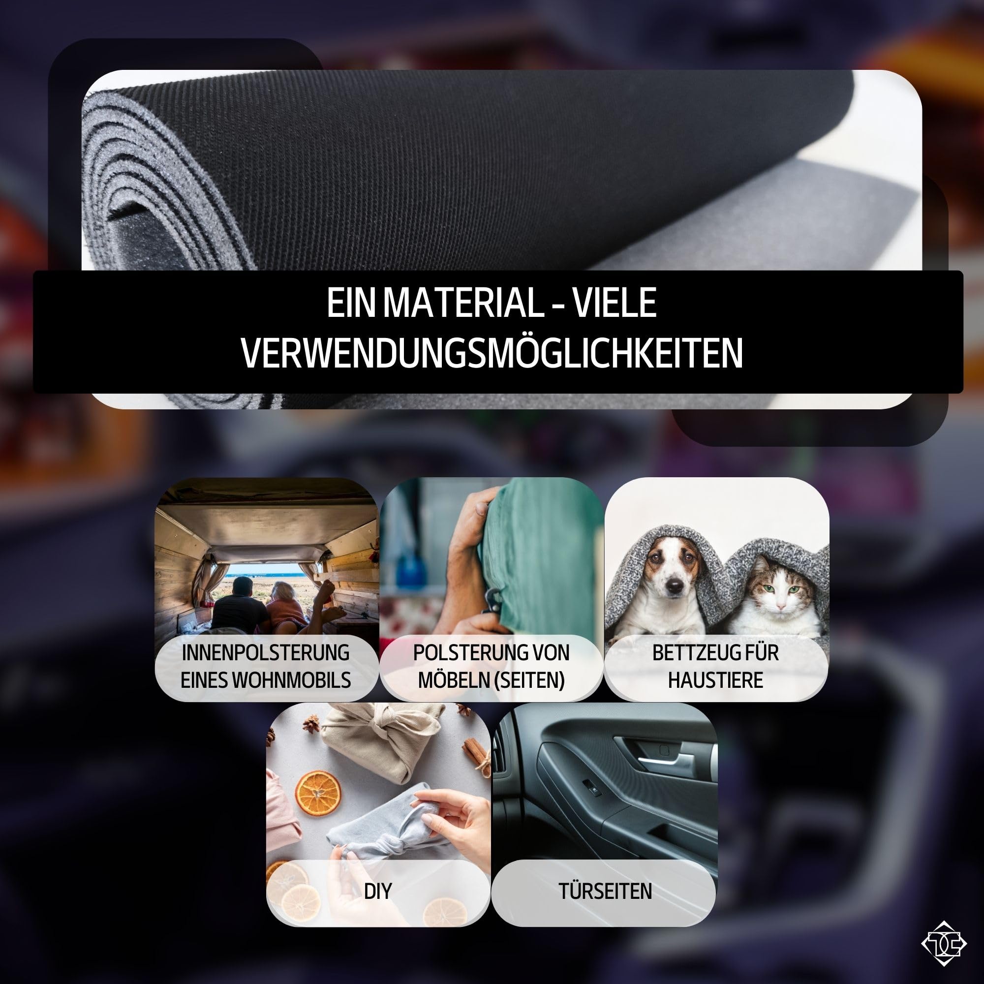 TAPHICEROS Dachhimmel Stoff, 200 x 180 cm, Schwarz, Meterware Textil Innenraumverkleidung Autostoff Reparatur Autohimmelstoff, Autohimmel, Bezugsstoff Polster, Auto Caravan Boot Wohnmobil DIY