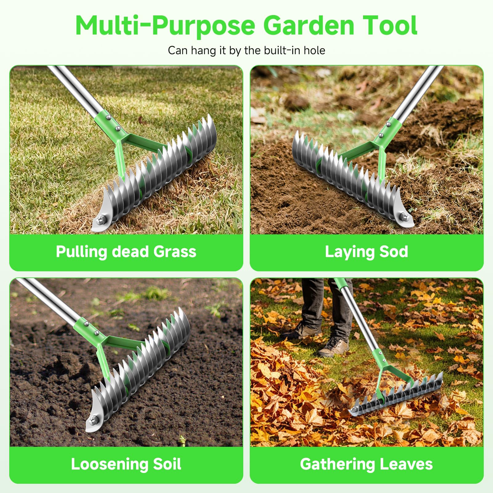 Rastrillo de paja para césped, rastrillos de jardín con mango ajustable de 160 cm con 21 dientes, rastrillo de jardín de 32 cm de ancho, resistente, rastrillos de césped para aflojar el suelo, césped
