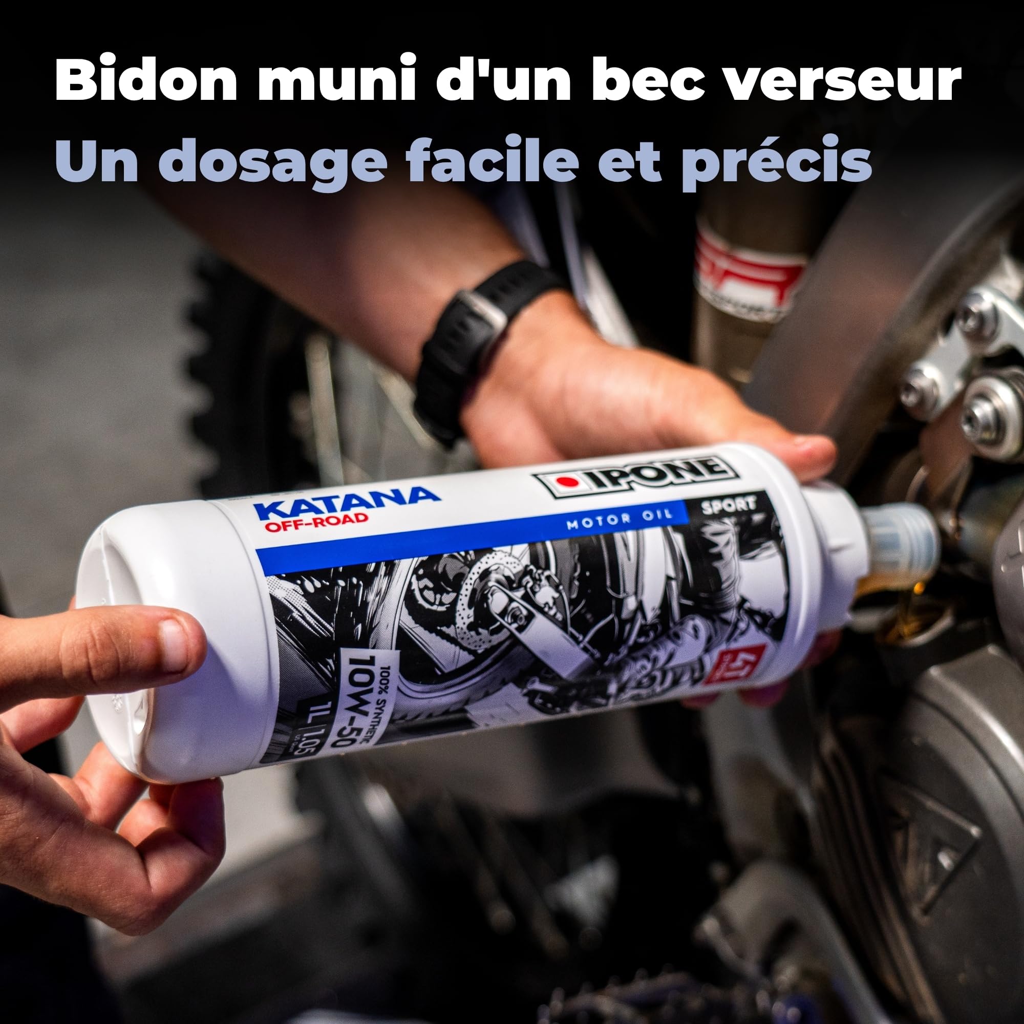 IPONE - Huile Moteur Moto 4 Temps 10W40 Katana Off Road - Bidon 1 Litre - Lubrifiant 100% Synthétique avec Esters – Montées en Régimes Plus Franches – Passage de Vitesse Rapide et Précis