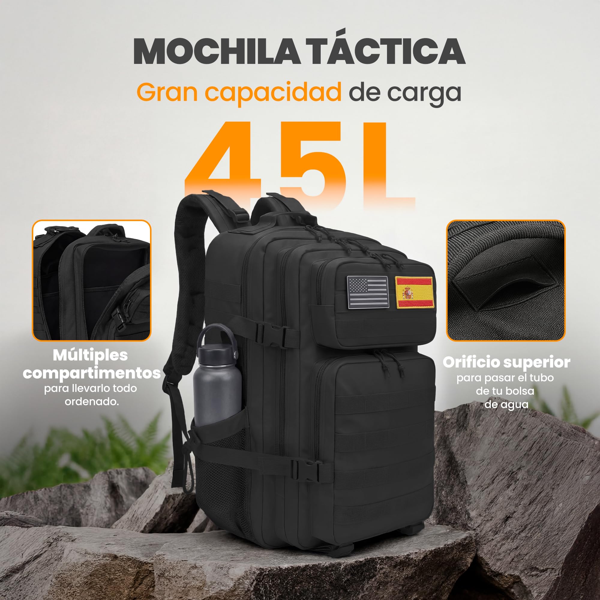 unycos - Mochila Táctica Militar【45L】con Sistema Molle y Bolsillos Laterales, Tela Oxford 900D Resistente, Bolsillos para 3 Días de Emergencias, Caza, Senderismo, Viaje, Crossfit, Gimnasio (Negro)