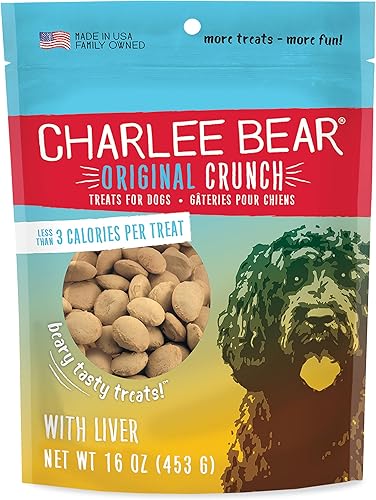 Charlee Bear Original Crunch - Golosinas para perros, hígado de pollo, bolsa resellable de 16 onzas, golosinas de entrenamiento bajas en calorías