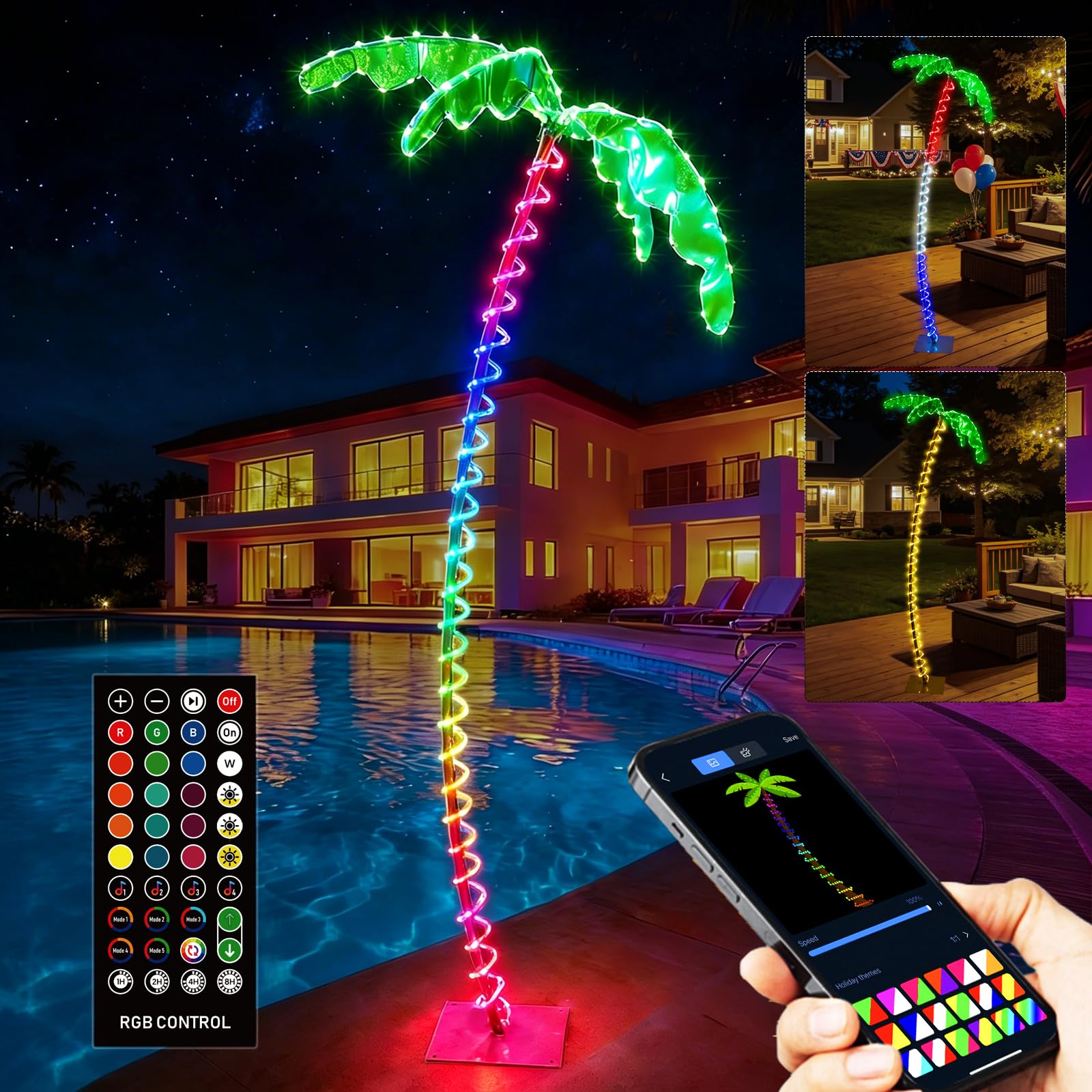 Photo 1 of 7FT Smart Lighted Palm Tree, Outdoor Artificial Palm Tree with Glowing Leaves and Rope LEDs for Outside Patio Day 4th of July, Tiki Bar, Color Changing, Timer, Waterproof, APP & Remote, Music Sync
