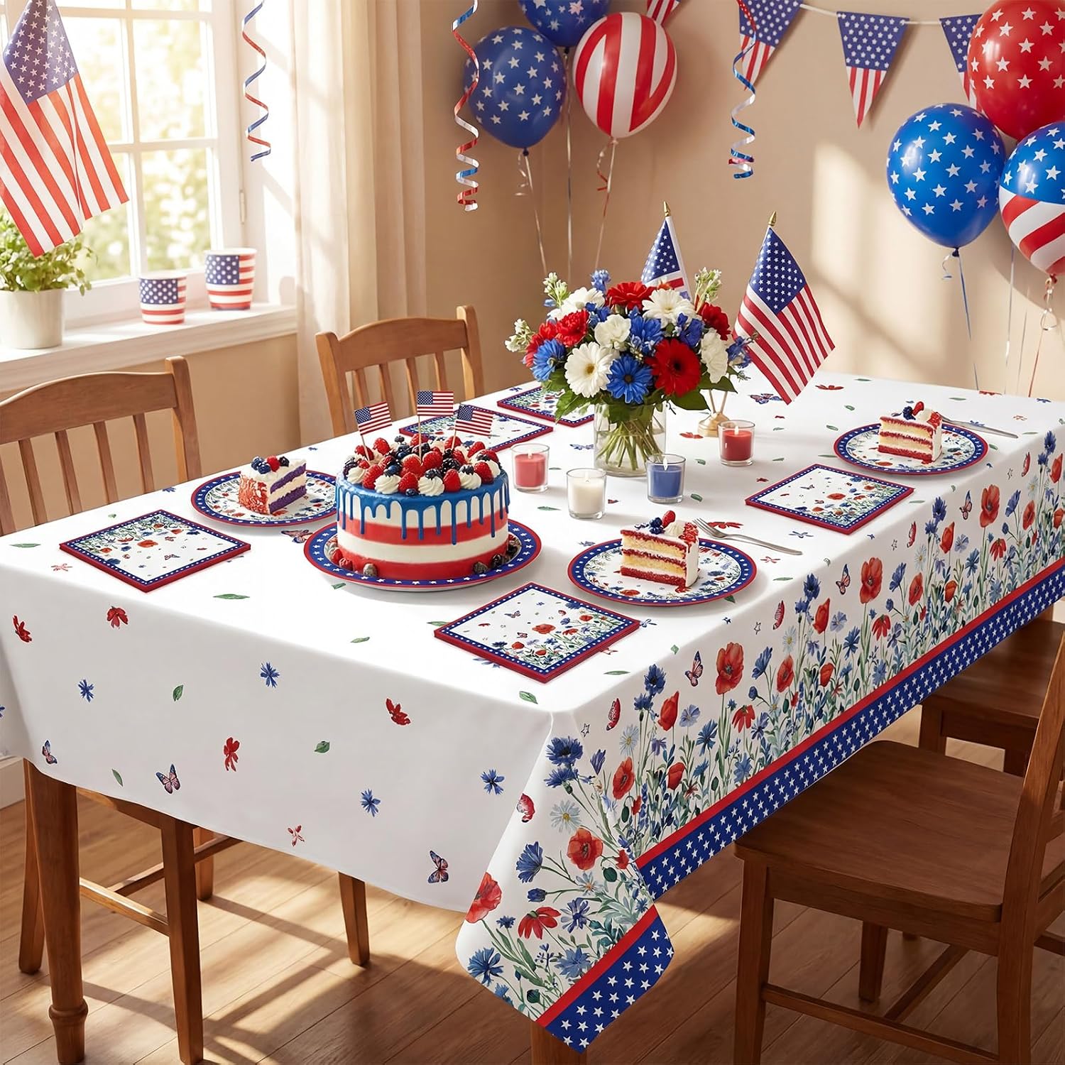 41Pcs 4th of july party supplies Patriotic Watercolor Poppy Flowers Independence Day Disposable Plates Napkins Tablecloth Set for Fourth of July Independence Veterans Election Memorial Day Serve 20