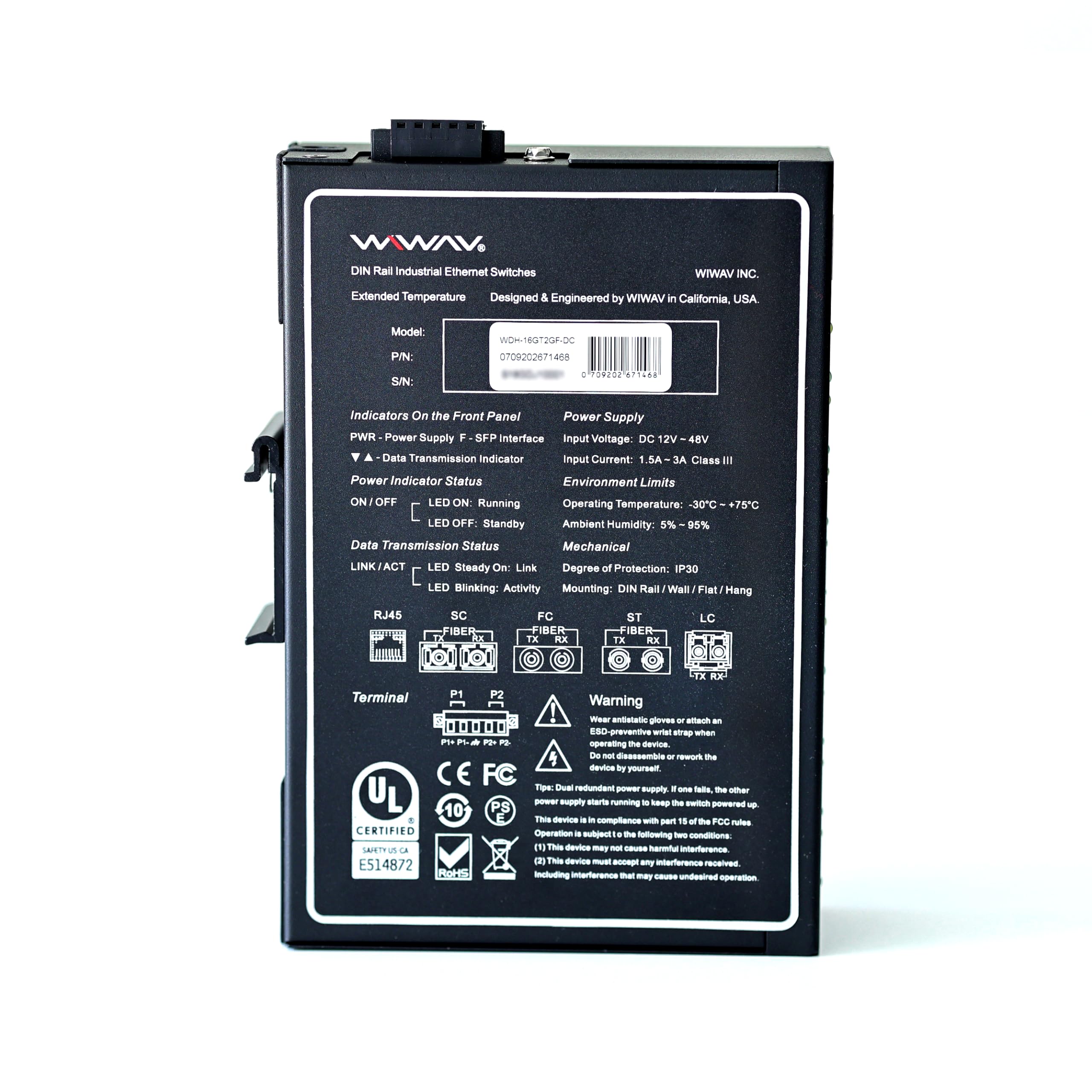 WDH-16GT2GF-DC 10/100/1000Mbps Switches Gigabit Industrial Ethernet de 18 Puertos no administrados con riel DIN/Montaje en Pared (sin Ventilador, -30 ℃ ~ 75 ℃)