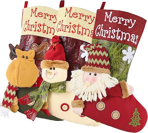 NETMORK Paquete de 3 medias de Navidad de 21 pulgadas, medias grandes 3D de Papá Noel, muñeco de nieve, reno, personaje de Navidad, calcetín de