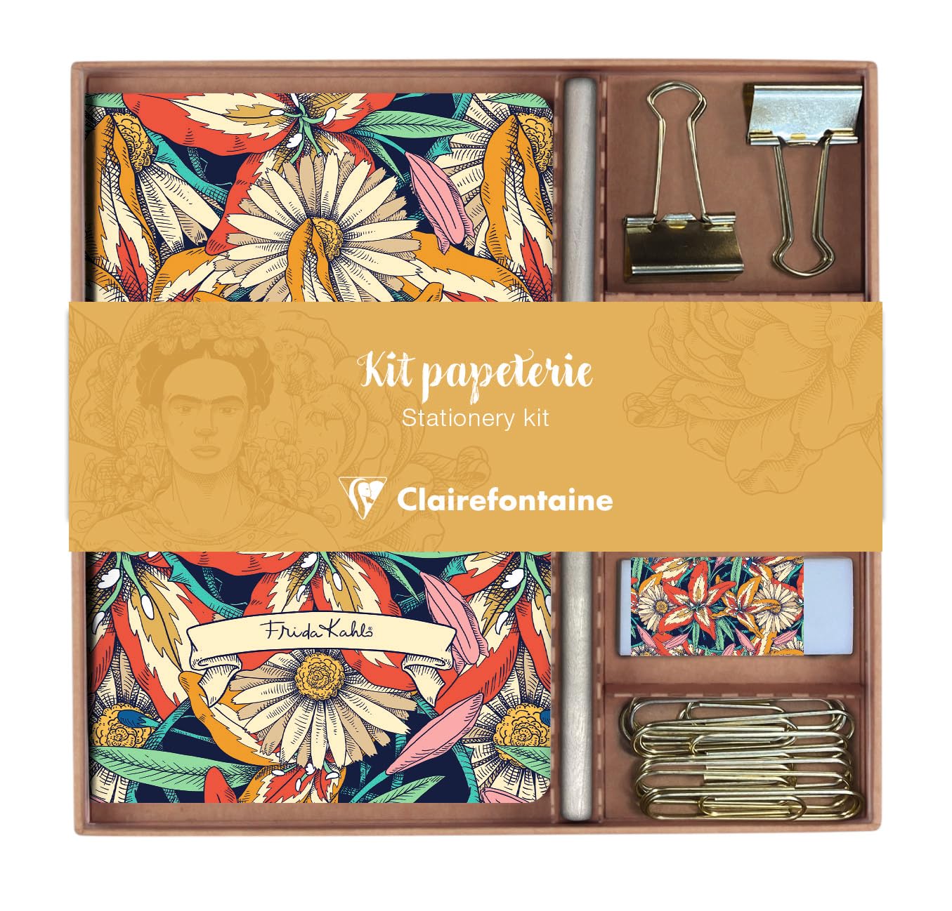 Clairefontaine 116231C - Un Kit de Papeterie contenant un Carnet 11x17 cm 64 Pages Lignées, un Crayon de Papier, 2 Pinces Doubles-Clip, 10 Trombones et une Gomme - Collection Frida Kahlo