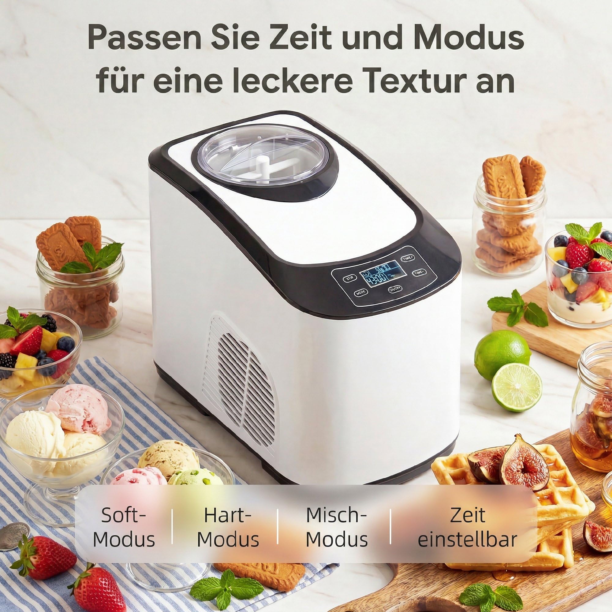 HOMCOM Eismaschine 1,5L mit Soft-Eis-Modus & Hart-Eis-Modus LCD Display | Eiscrememaschine, Speiseeisbereiter, Frozen Eisbereiter Speiseeismaschine, Messbecher, Schaufel, 45 Min., DIY Eiscreme