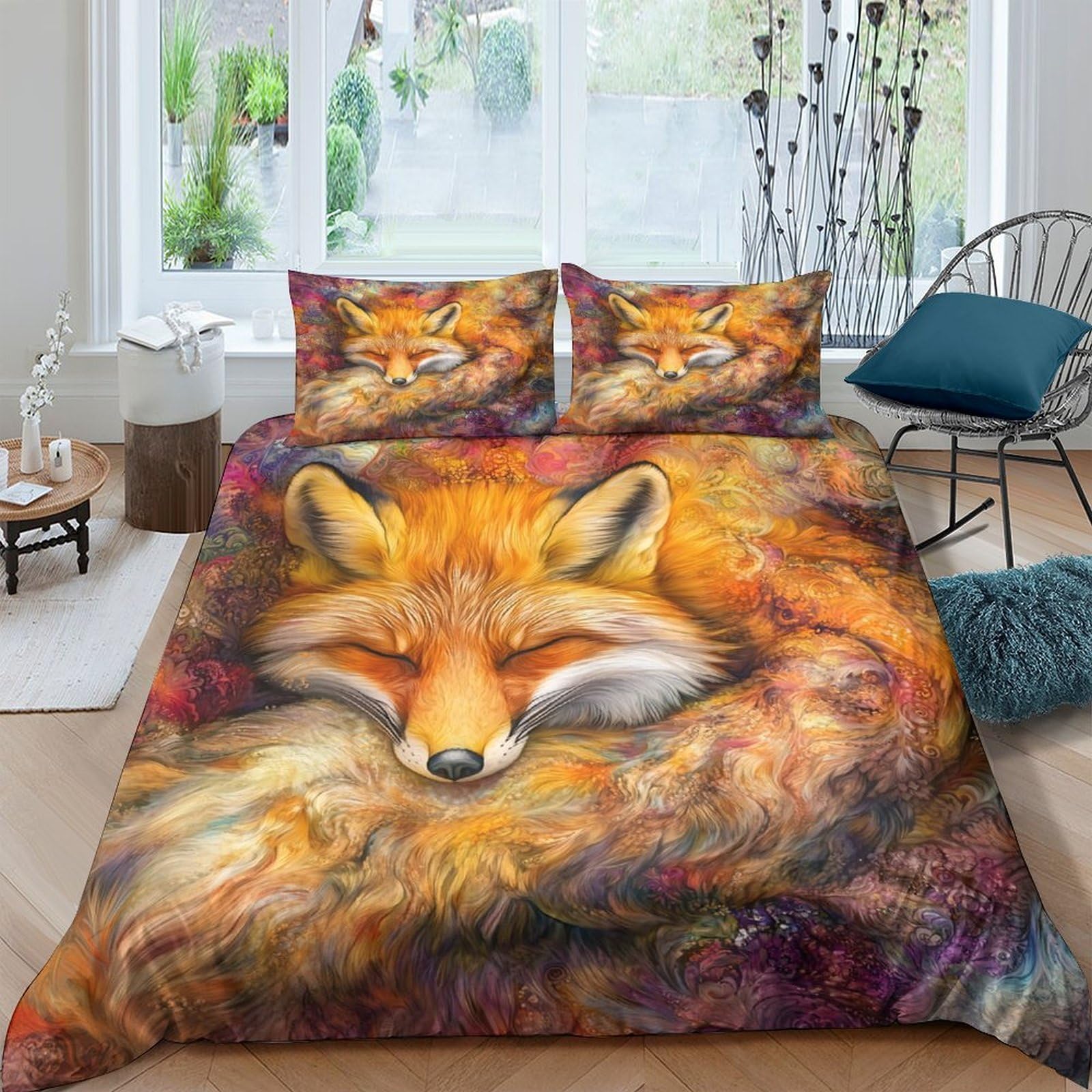 Ctjqhvkz Style-7 3D Printed Fox Art Fitted Sheet Microfiber Soft Autumn Forest Mattress Cover For Bedroom Guest Room Decor Single（135X200cm）
