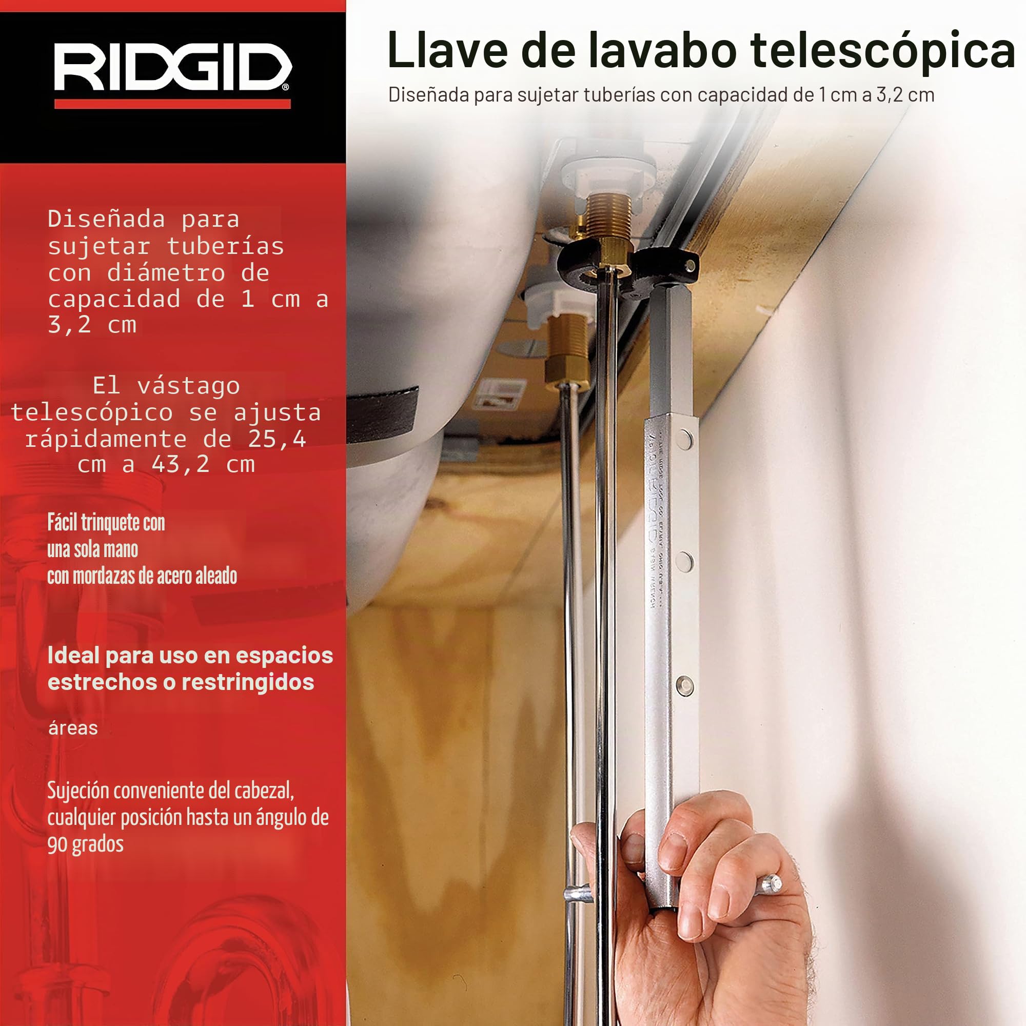 RIDGID 31175 Modelo 1017 Llave para lavabos, Llave telescópica para lavabos de 10 a 17 pulgadas