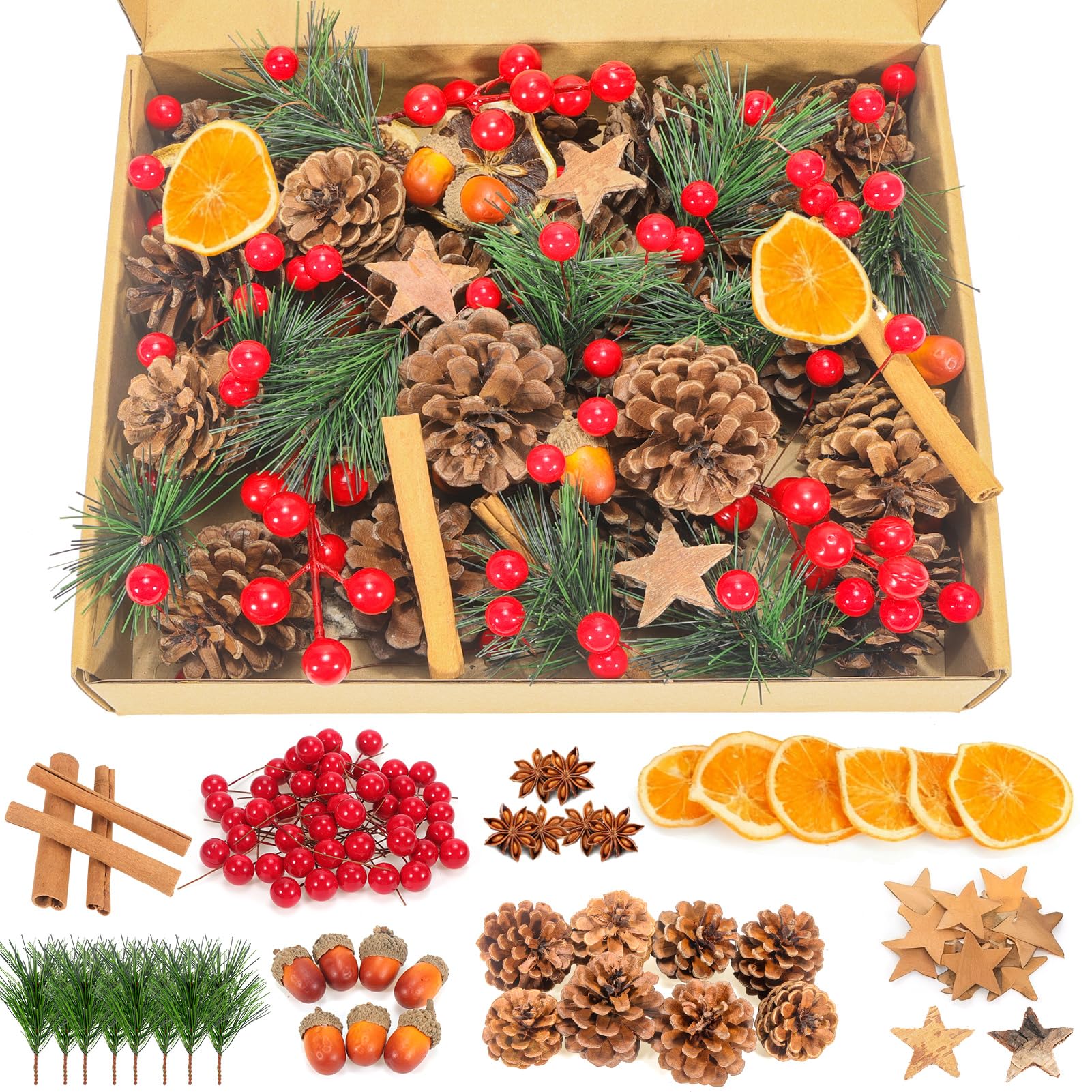 Kit Décoration Couronne De Noël - 108 Pièces : Pommes De Pin, Branches, Baies, Cannelle, Oranges Séchées - 13