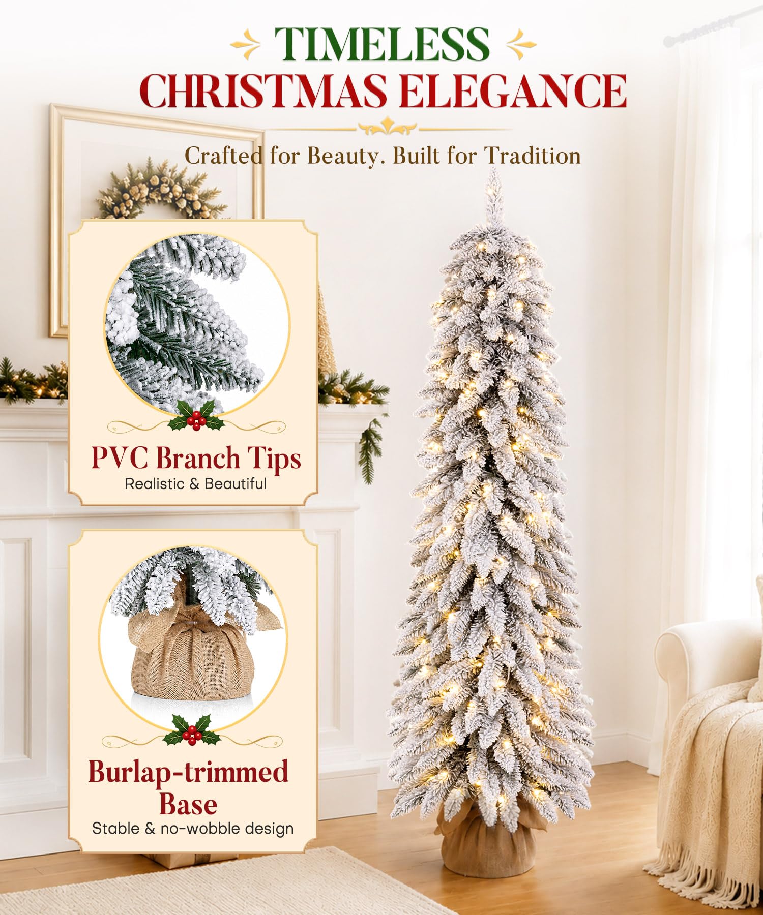 Yorbay Sapin de Noël Artificiel 150cm avec Neige: Sapin Slim en PVC avec Éclairage LED et Socle en Ciment – Décoration de Noël pour la Maison Bureau Commerce