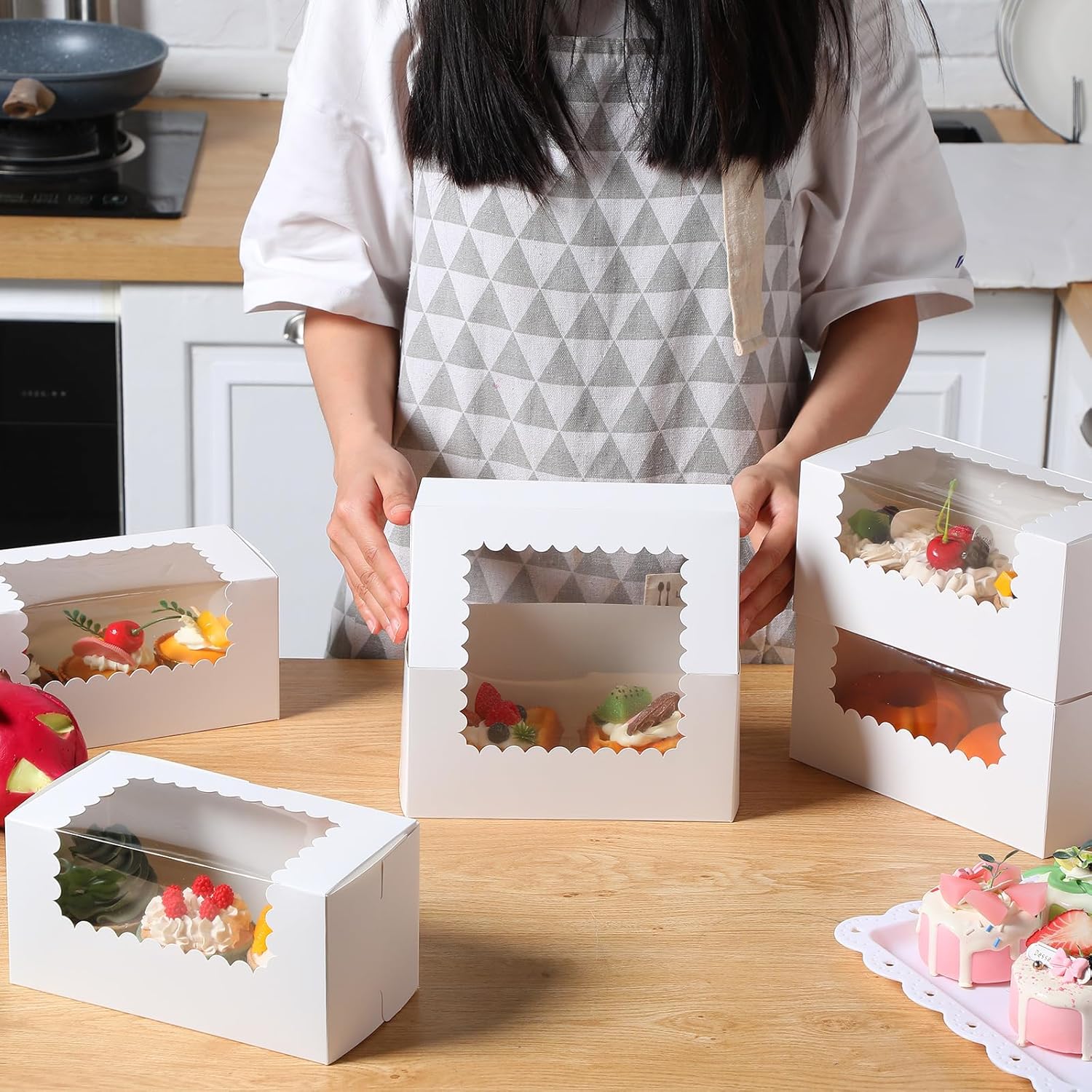 Ireer 60 pcs 8x4x4 Inch Bakery Boxes with Window Cookies Boxes Pumpkin Roll Container Donut Box Pastry Cake Packaging Safe for Cookies Loaf Muffins Breads Dessert Candies Treat (White)