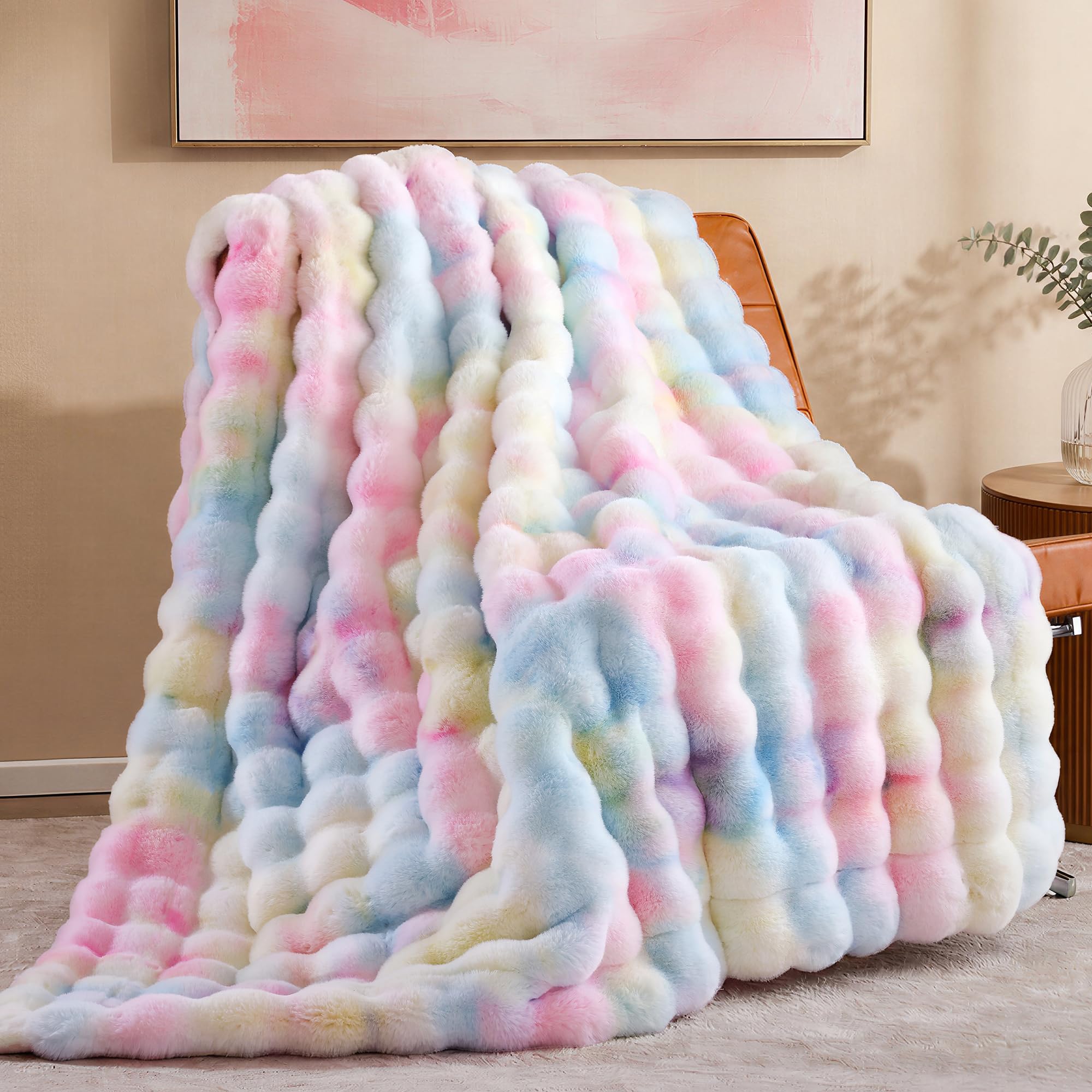 Plushpod Girls Rainbow Faux Fur Throw Blanket For Sofa - Luxury Silky Soft & Warm Colorful Fluffy Cosy Faux Rabbit Fur, Plush Bubble Blanket For Couch & Bed, For & Kids, Home Decor Gift, 127X152cm